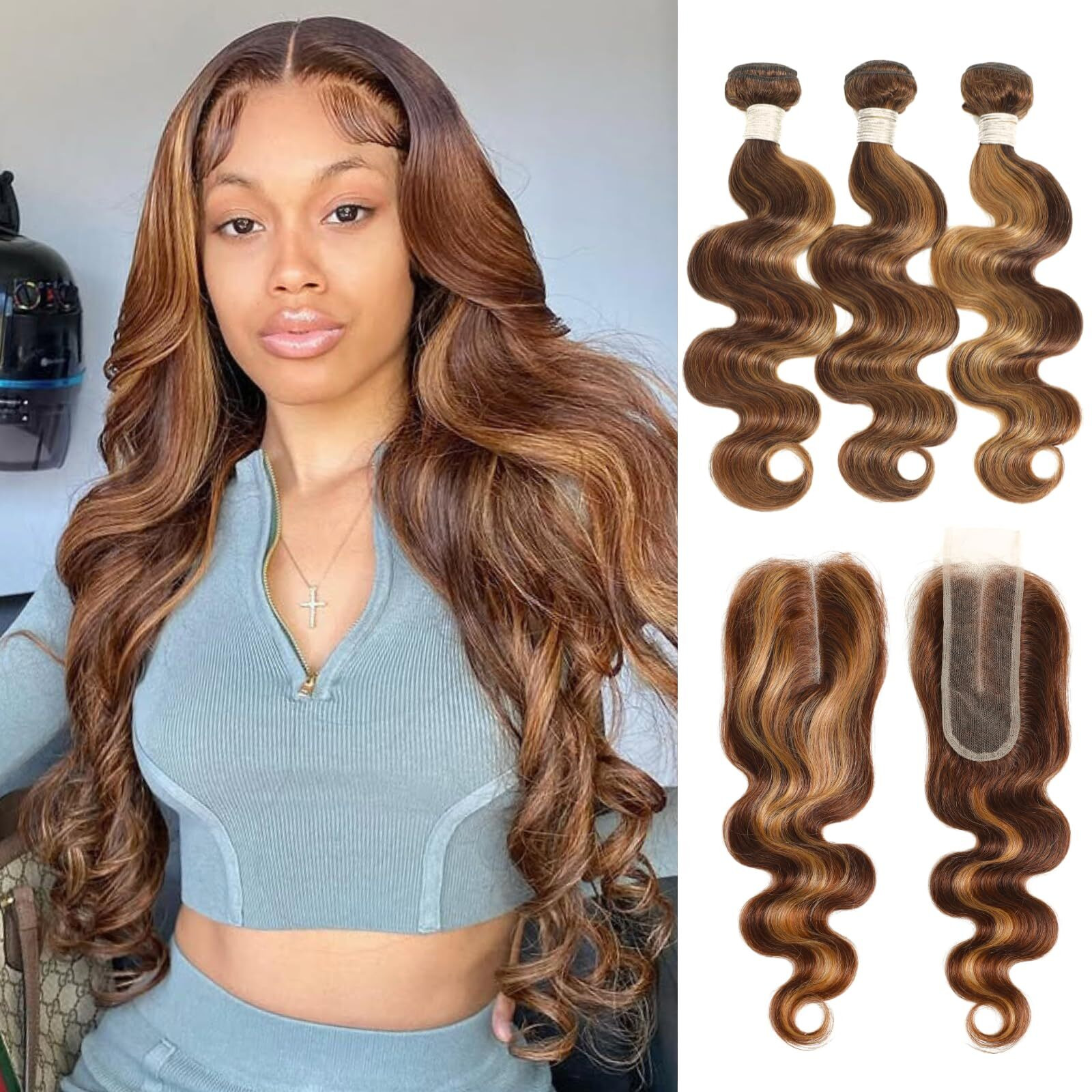 Alher Honey Blonde Highlight Bundles With 2X6 Lace Closure 18 20 22+18 Inch Long Deep Part, Body Wave 4/27 Highlight Ombre Brown Colored Bundles With 2X6 Kim K Lace Closure, 100% Remy Human Hair Weft