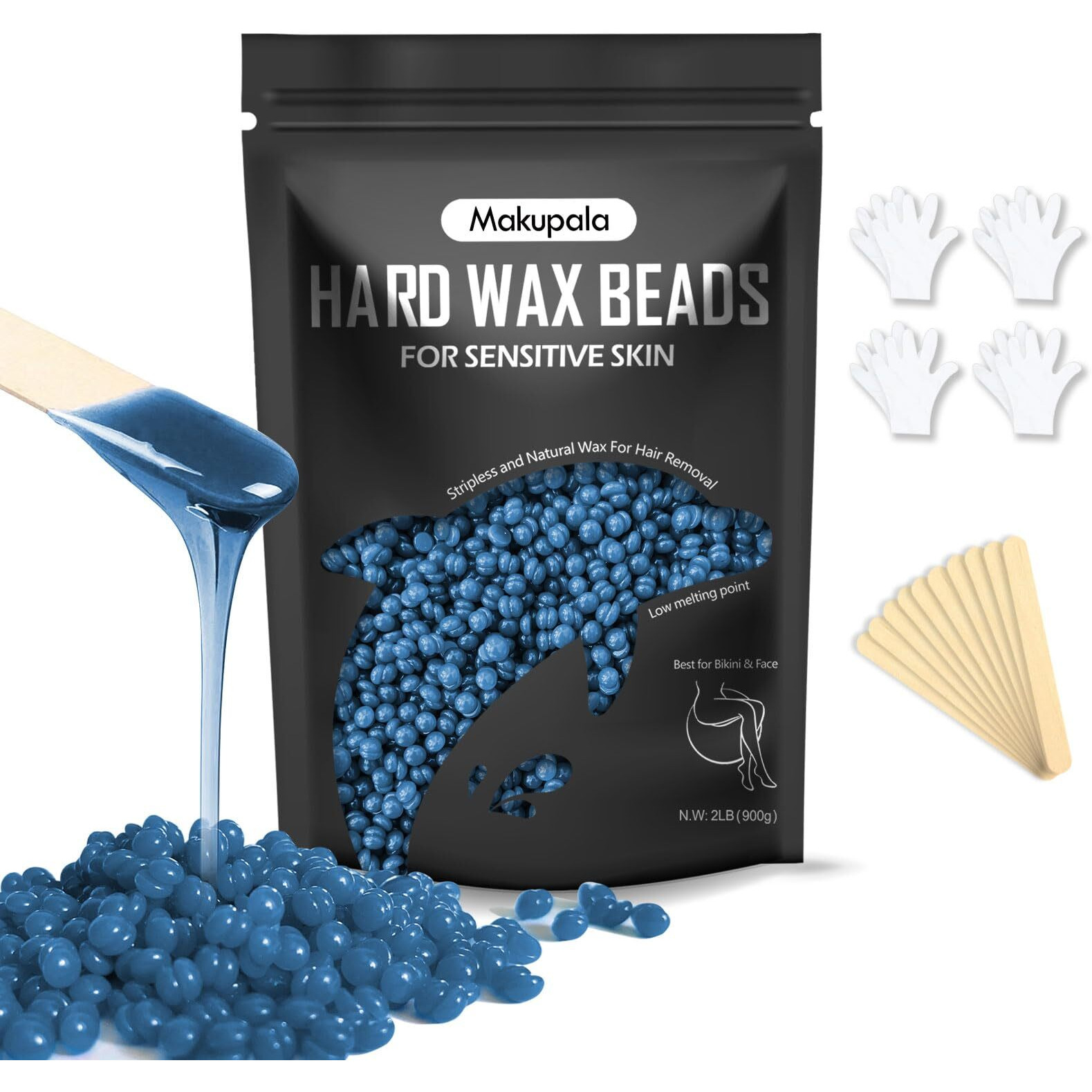 Makupala Hard Wax Beads For Sensitive Skin, 2Lb Unscented Spa Waxing Beads At Home For Brazilian Waxing, Professional Bluk Wax Beans Hair Removal For Body, Bikini, Legs, Facial, Easy Use, Blue