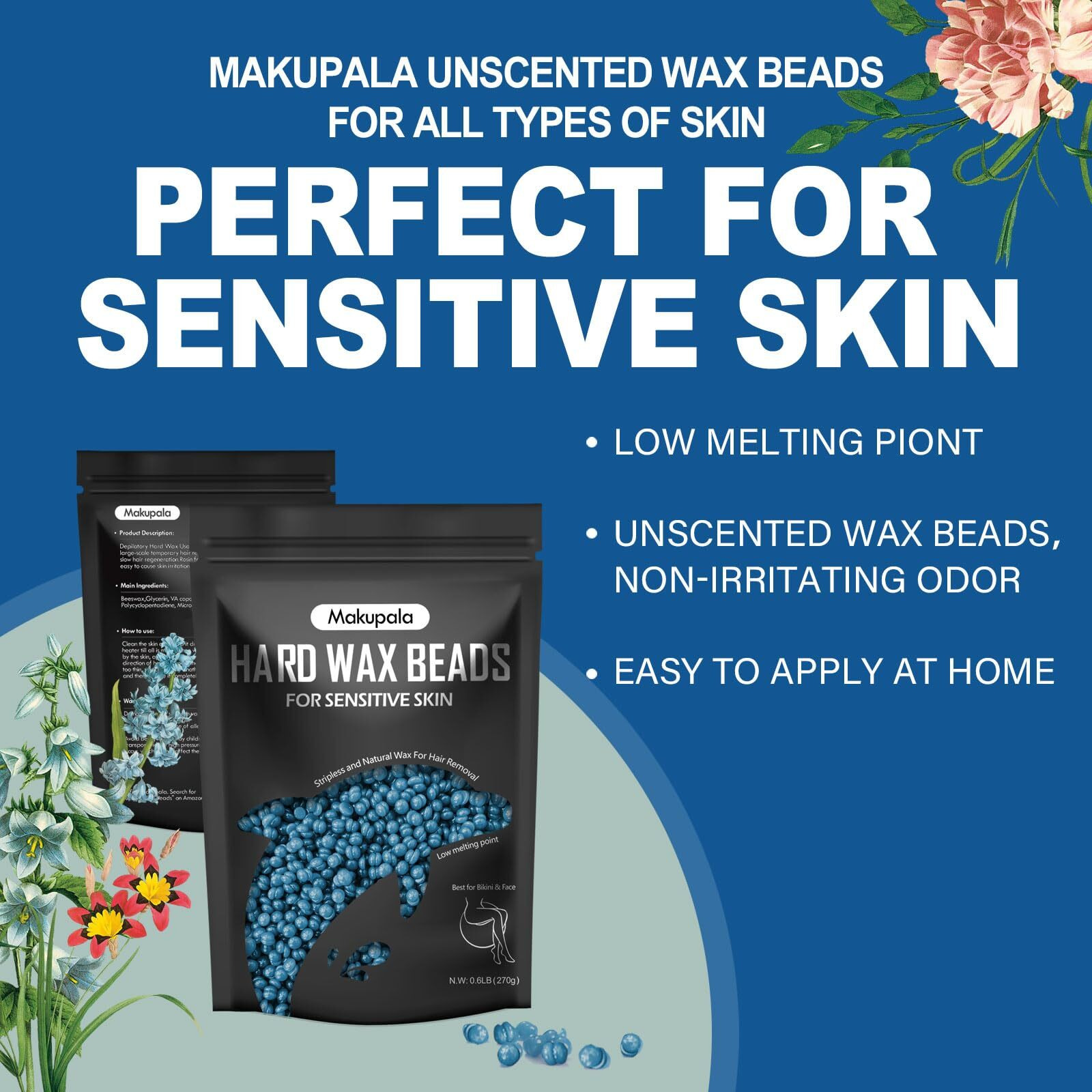 Makupala Hard Wax Beads For Sensitive Skin, 2Lb Unscented Spa Waxing Beads At Home For Brazilian Waxing, Professional Bluk Wax Beans Hair Removal For Body, Bikini, Legs, Facial, Easy Use, Blue