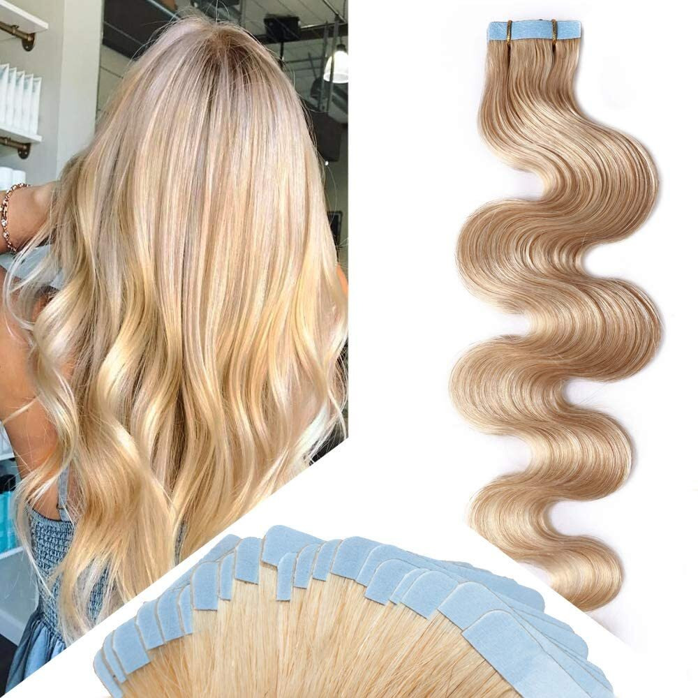 Hairro 22 Inch Tape In Human Hair Extensions Wavy Thin Long Hair 50G 20Pcs/Pack Seamless Skin Weft Glue In Body Wave Human Hairpieces With Invisible Double Sided Tape 24 Natural Blonde