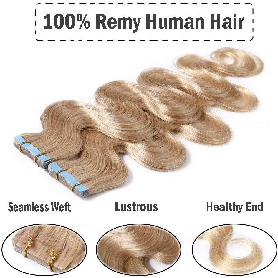 Hairro 22 Inch Tape In Human Hair Extensions Wavy Thin Long Hair 50G 20Pcs/Pack Seamless Skin Weft Glue In Body Wave Human Hairpieces With Invisible Double Sided Tape 24 Natural Blonde