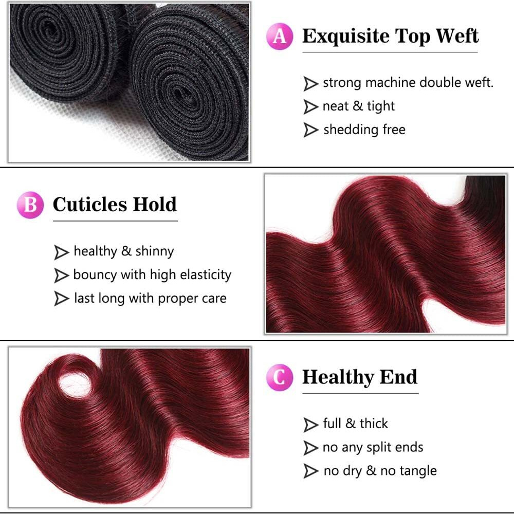 20 22 24 Inch Red Bundle Burgundy Body Wave Human Hair Bundles Peruvian Unprocessed Virgin Ombre Body Wave Bundles Human Hair Ombre Burgundy Bundle