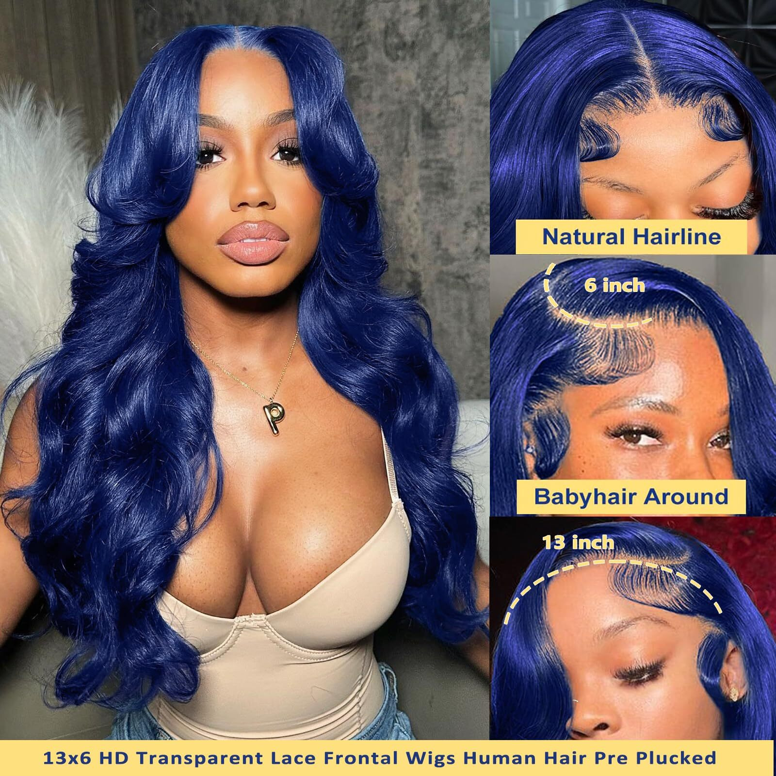 32 Inch Blue Lace Front Wigs Human Hair Dark Blue 13X6 Hd Lace Frontal Body Wave Wigs Human Hair Pre Plucked With Baby Hair Wear And Go Glueless Navy Blue Wig For Black Women 180% Density