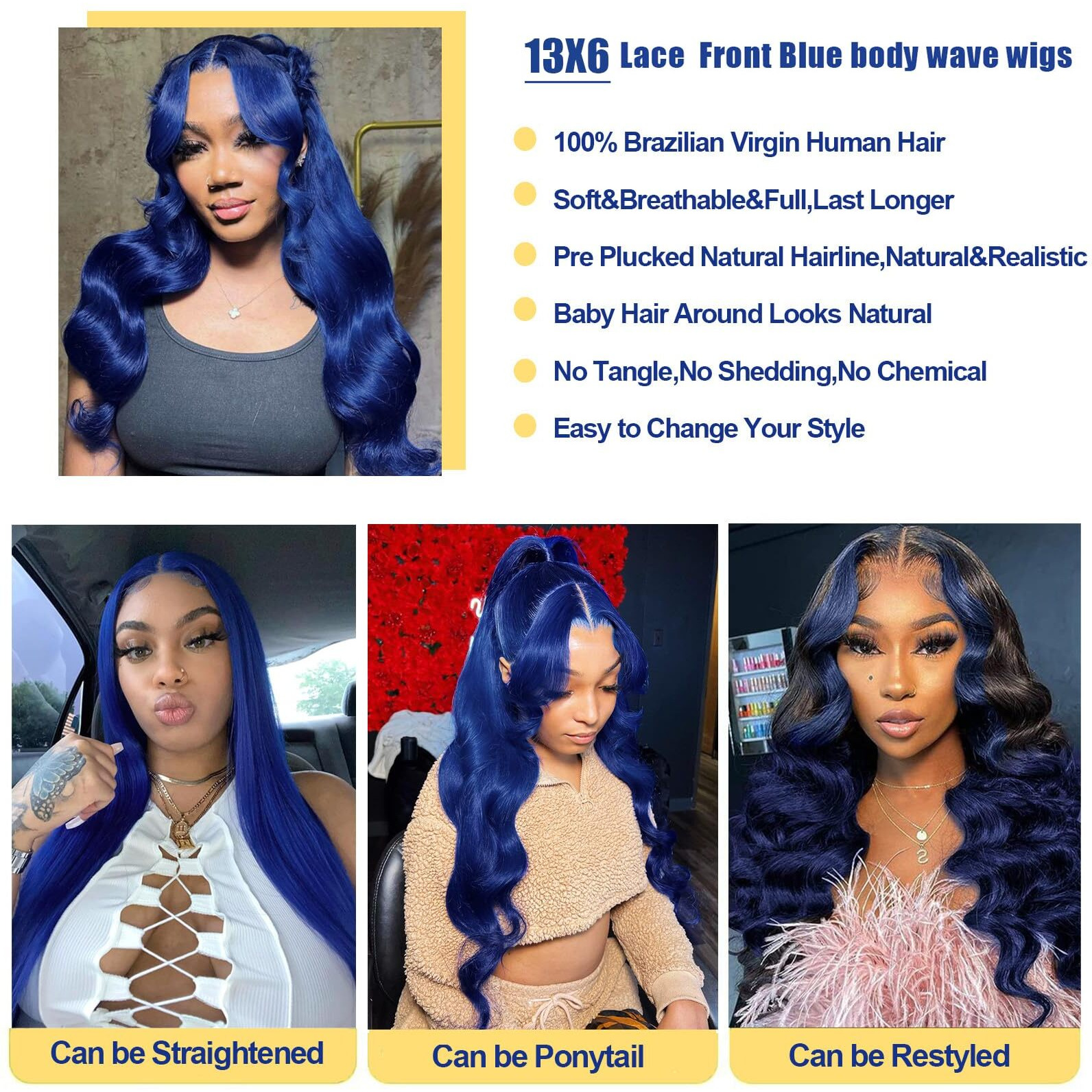 32 Inch Blue Lace Front Wigs Human Hair Dark Blue 13X6 Hd Lace Frontal Body Wave Wigs Human Hair Pre Plucked With Baby Hair Wear And Go Glueless Navy Blue Wig For Black Women 180% Density