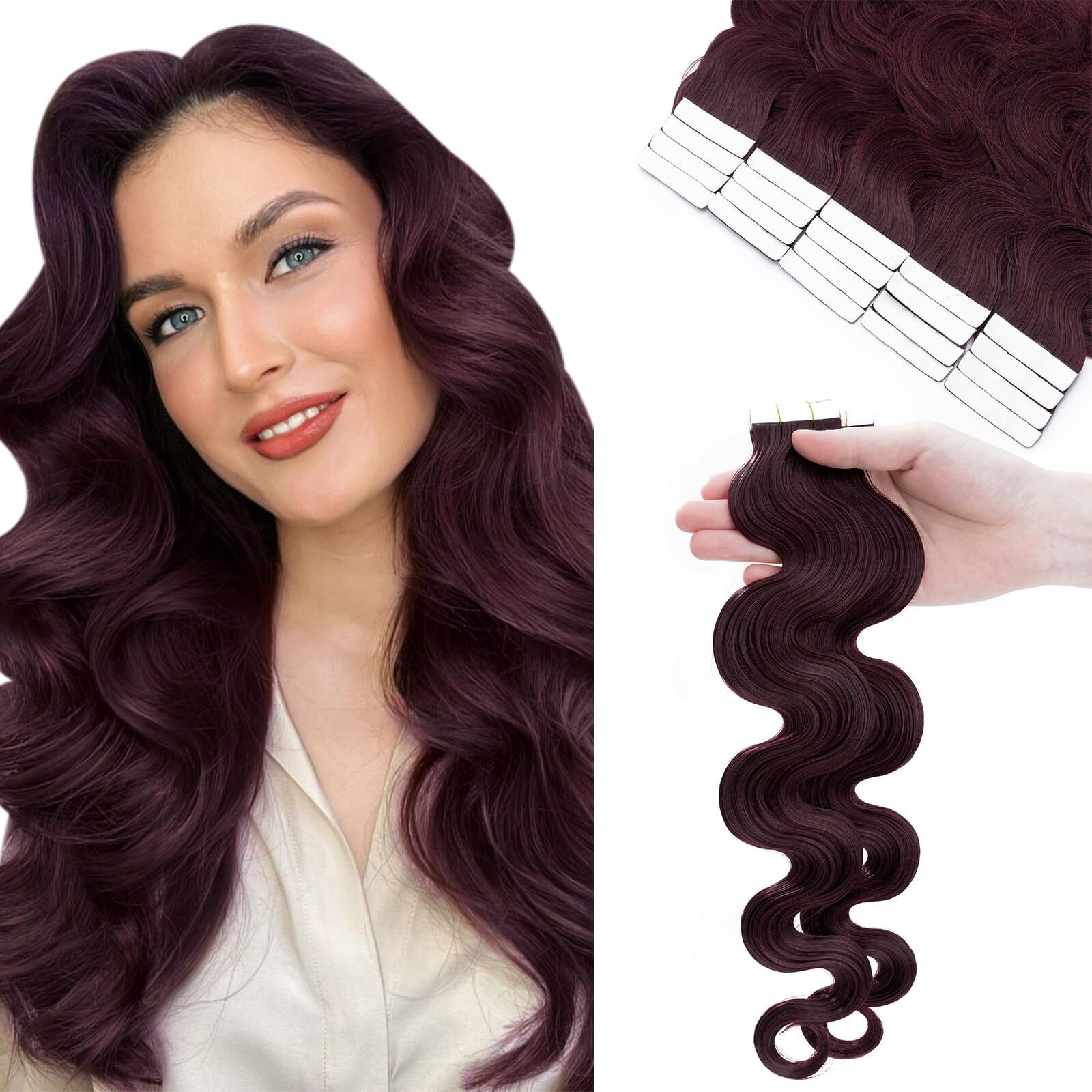 Hairro 14 Inch Tape In Hair Extensions Human Hair Body Wave 40G 20Pcs/Pack Thin Wavy Silky Seamless Skin Weft Glue In Human Hairpieces 99J Wine Red