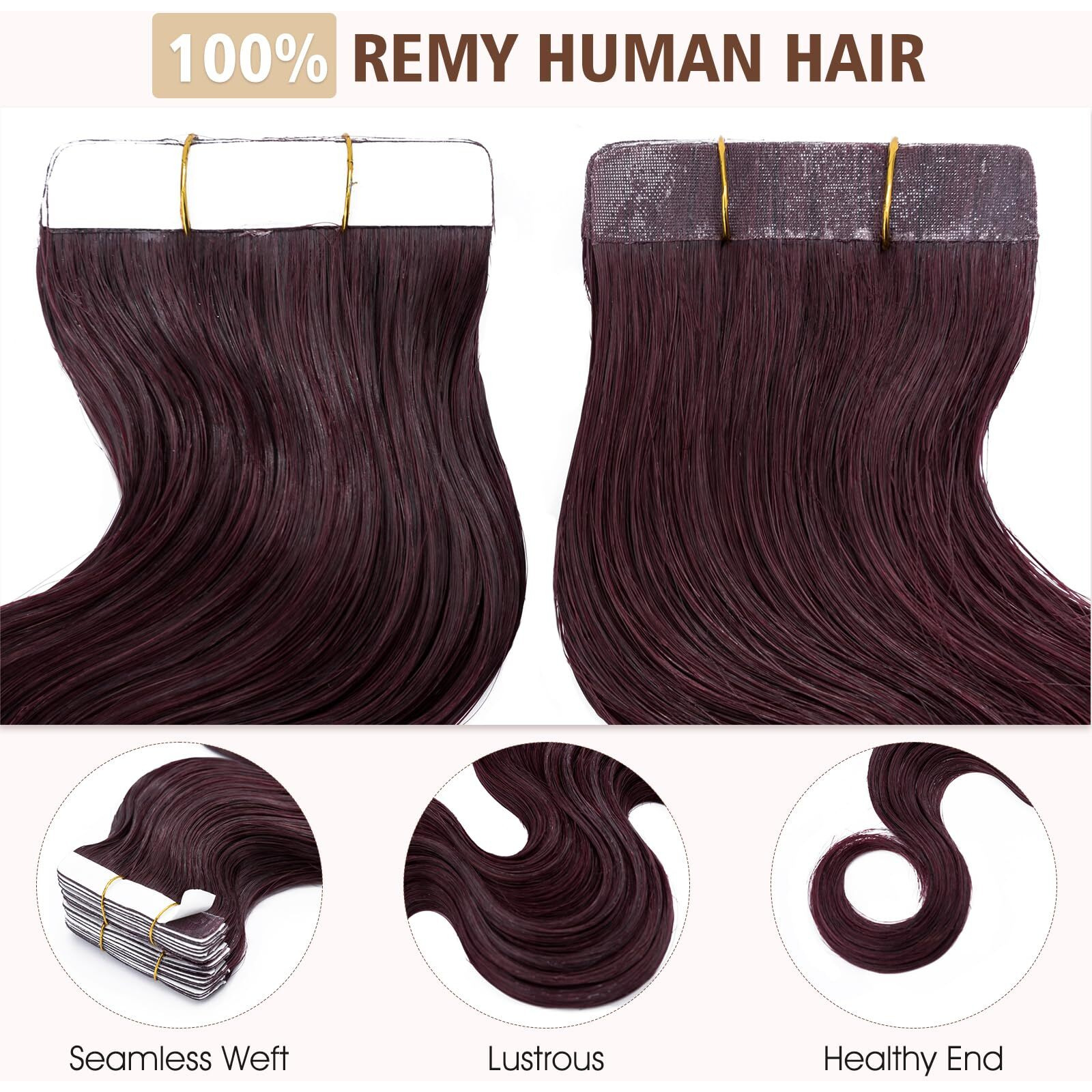 Hairro 14 Inch Tape In Hair Extensions Human Hair Body Wave 40G 20Pcs/Pack Thin Wavy Silky Seamless Skin Weft Glue In Human Hairpieces 99J Wine Red