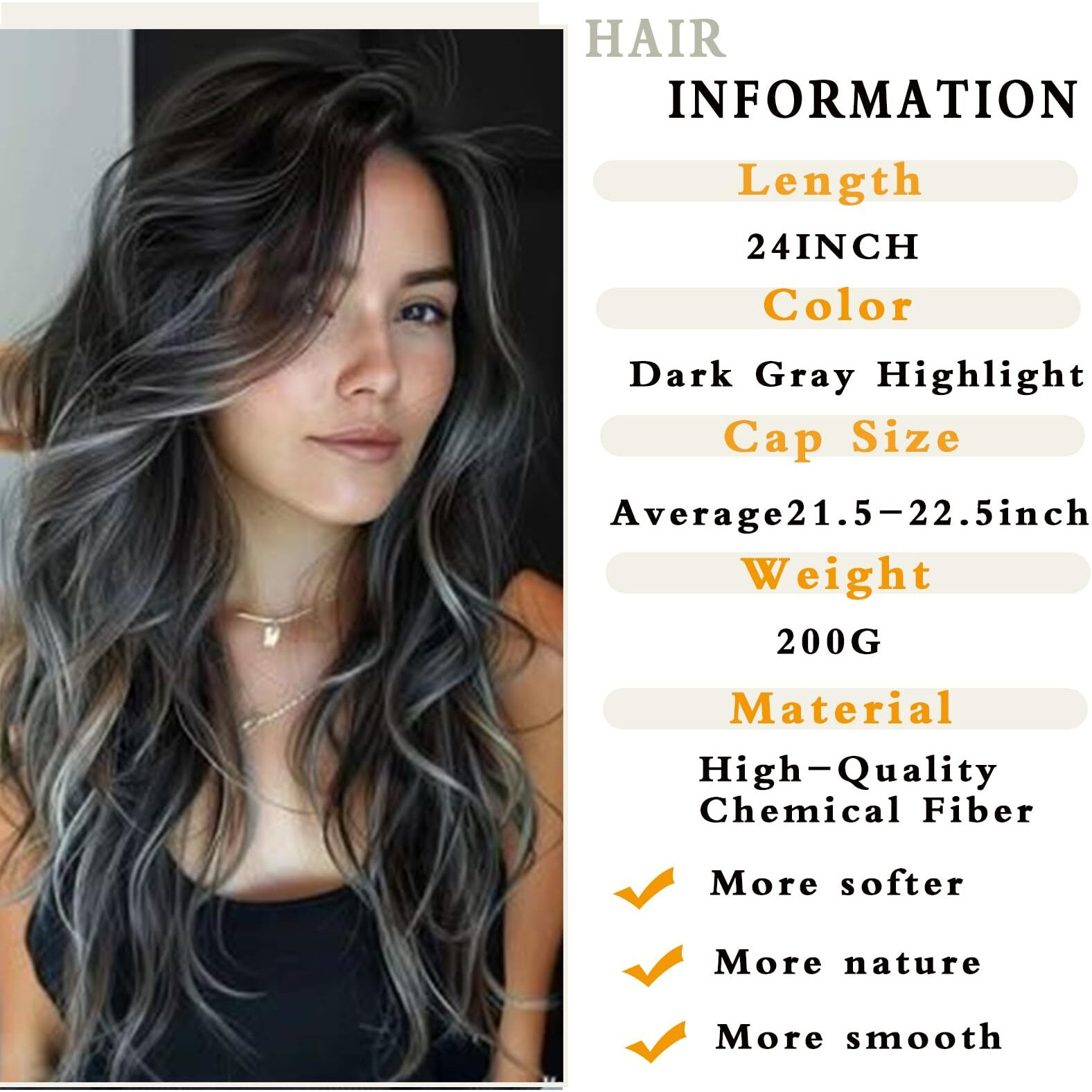 Dark Gray Highlight Layered Wavy Wig With Curtain Bangs For Black Women Synthetic Highlight Ombre Grey Hair Long Dark Gray Natural Body Wave Layered Wig Heat Resistant For Daily Party Use 24 Inch