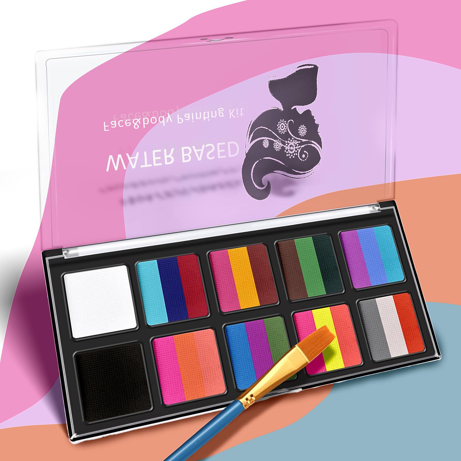 10 Colors Face Paint Body Painting Palette, Professional Face Paint Makeup Split Palette, Water Activated Face Paint, Non-Toxic Rainbow Face Painting Kit Professional With 1 Brushes For Kids Adults