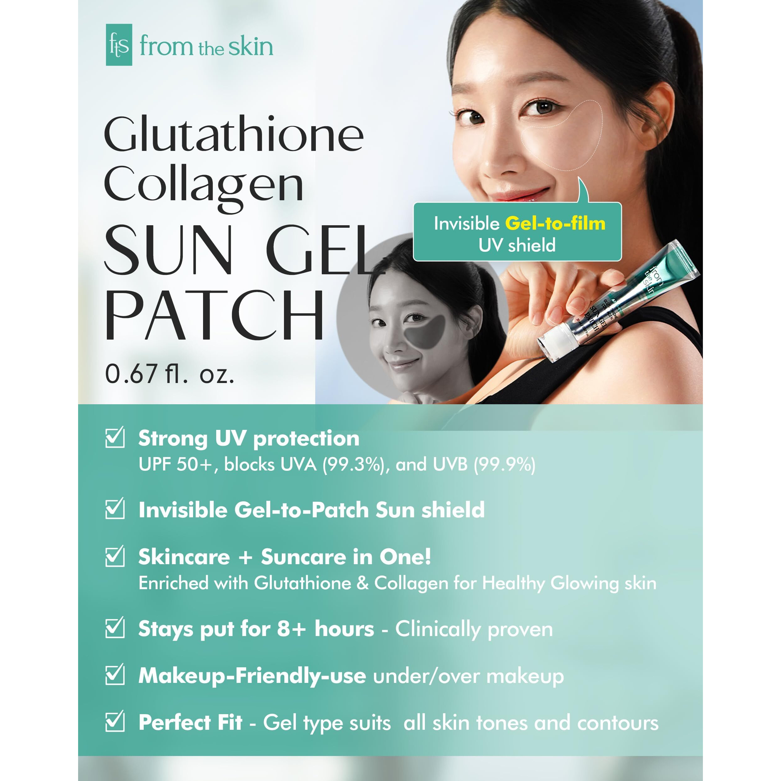 From The Skin Glutathione Collagen Sun Gel Patch - Transparent Gel To High Adhesion Invisible Uv Shade Patch - Uva/Uvb Block For Outdoor Activities - For All Skin Types And Tones, 0.67 Fl.Oz.