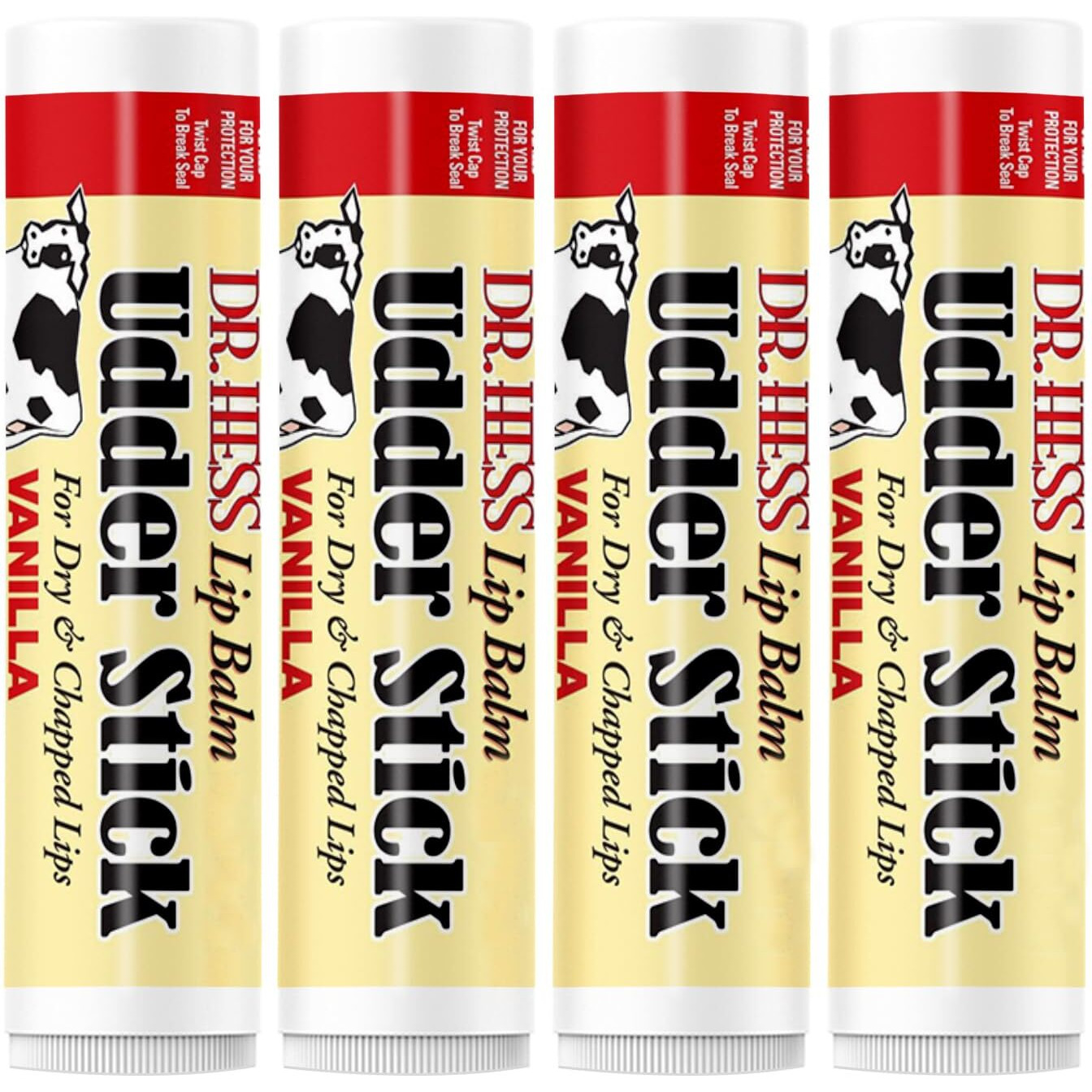 Dr. Hess Original Udder Stick Spf Lip Balm, Soothing Moisturizer Sun Screen Balm For Dry Lips With Jojoba, Beeswax & Shea Butter, Total Lip Care, Hydration & Repair, Vanilla Flavor, 4 Pack