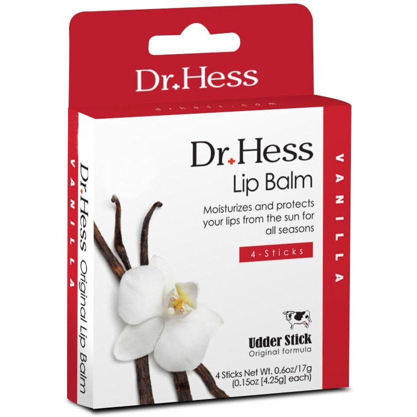 Dr. Hess Original Udder Stick Spf Lip Balm, Soothing Moisturizer Sun Screen Balm For Dry Lips With Jojoba, Beeswax & Shea Butter, Total Lip Care, Hydration & Repair, Vanilla Flavor, 4 Pack