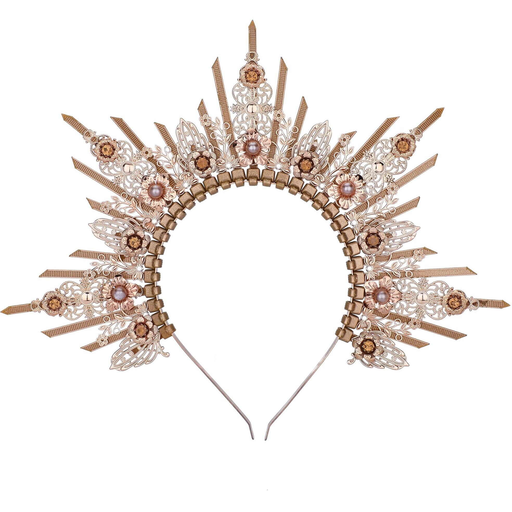 Cosucos Handmade Spiked Halo Crown - Zip Tie Sun Goddess Headband Yellow Pearls Sunburst Virgin Mary Crowns Bridal Crown For Photoshoot Prom Renaissance Hallowoon Cosplay Hair Accessories