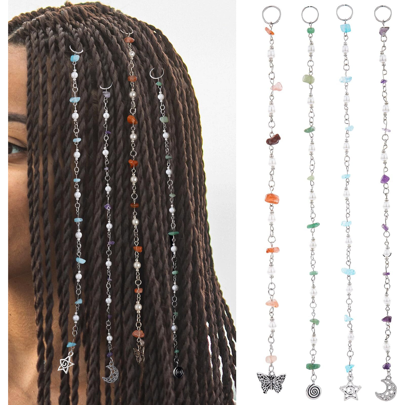 Freshme Hair Charms For Braids - 2Pcs Long Colorful Natural Stone Loc Jewelry For Black Women With Sun Moon Pendants Dreadlock Hair Cuffs Rings For Renaissance Renfaire Festival Hairstyle Decoration