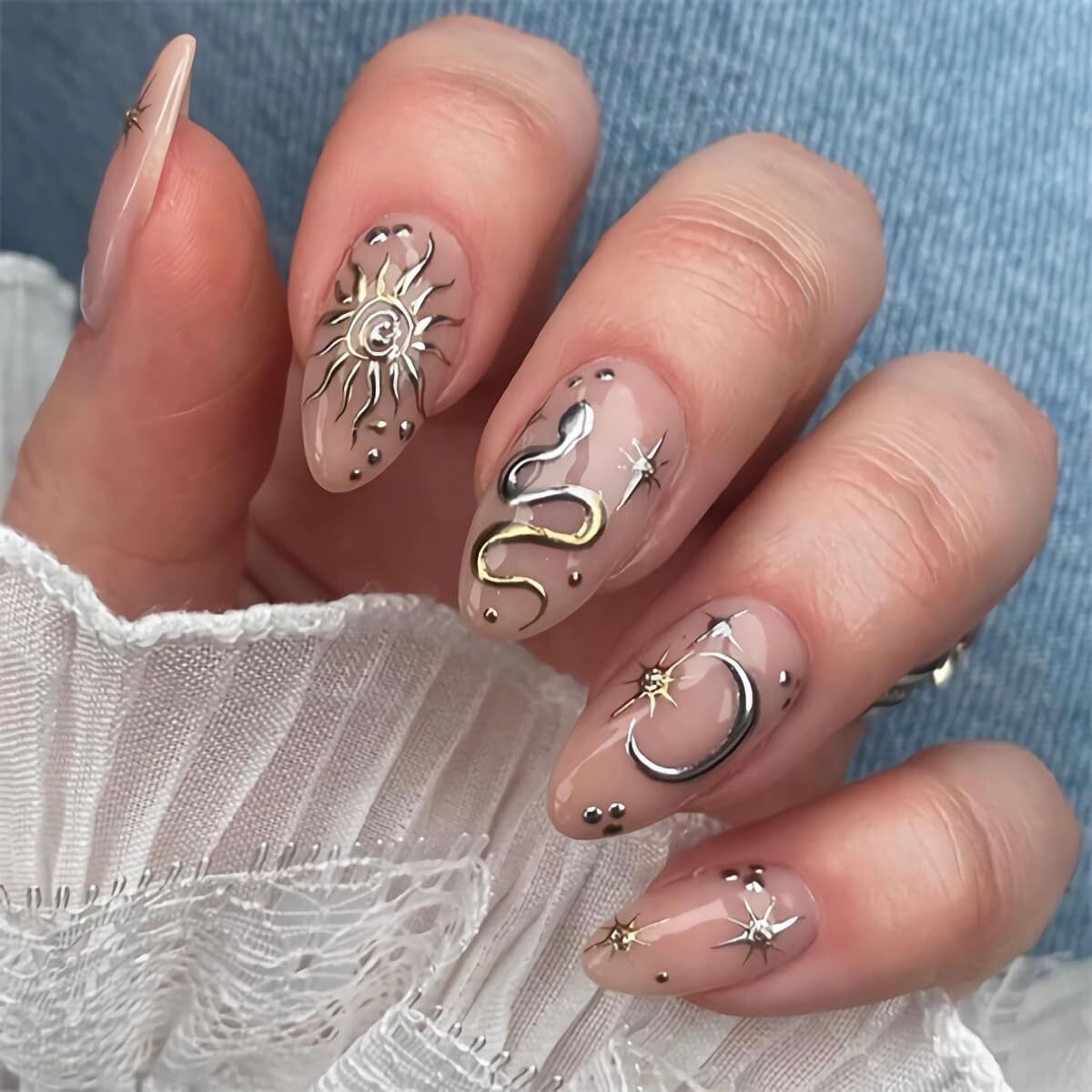 Mervf Almond Press On Nails Medium Fake Nails Nude Glue On Nails Star Sun Moon Snake Print Press Ons Acrylic Stiletto False Nails Bohemian Design For Women Glossy 24Pcs