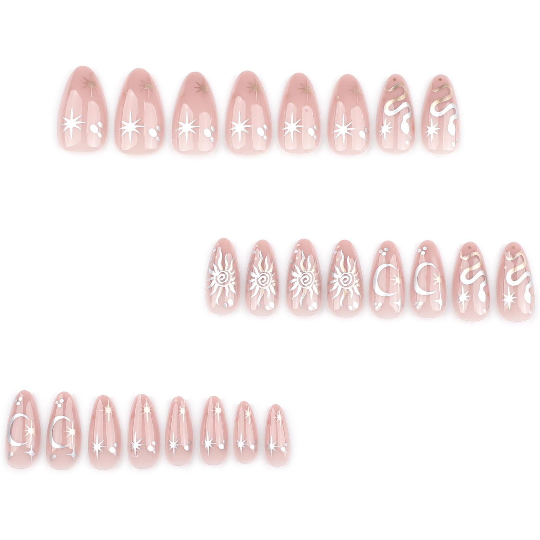 Mervf Almond Press On Nails Medium Fake Nails Nude Glue On Nails Star Sun Moon Snake Print Press Ons Acrylic Stiletto False Nails Bohemian Design For Women Glossy 24Pcs