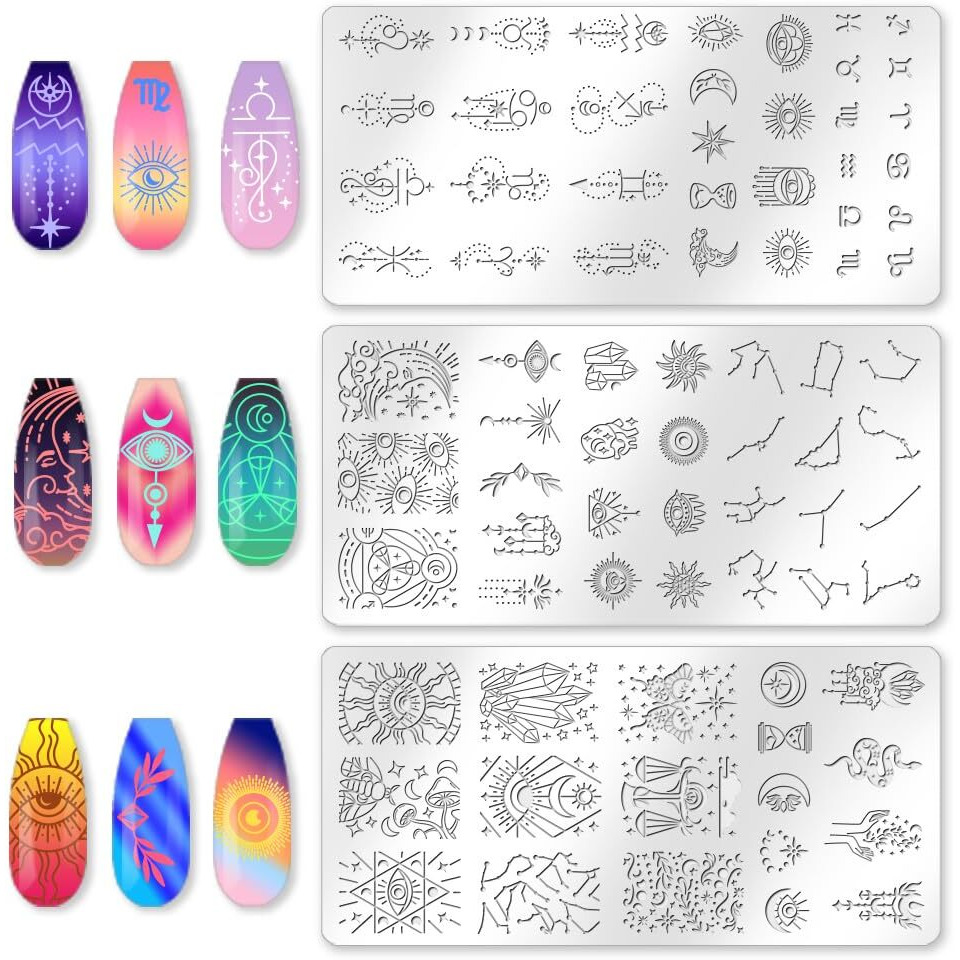 Beinkmake 3Pcs Constellation Nail Stamping Plate Set Zodiac Tarot Nail Stamp Templates Sun Moon Stars Stainless Steel Diy Reusable Tools With Stamper Scraper For Manicure Printing