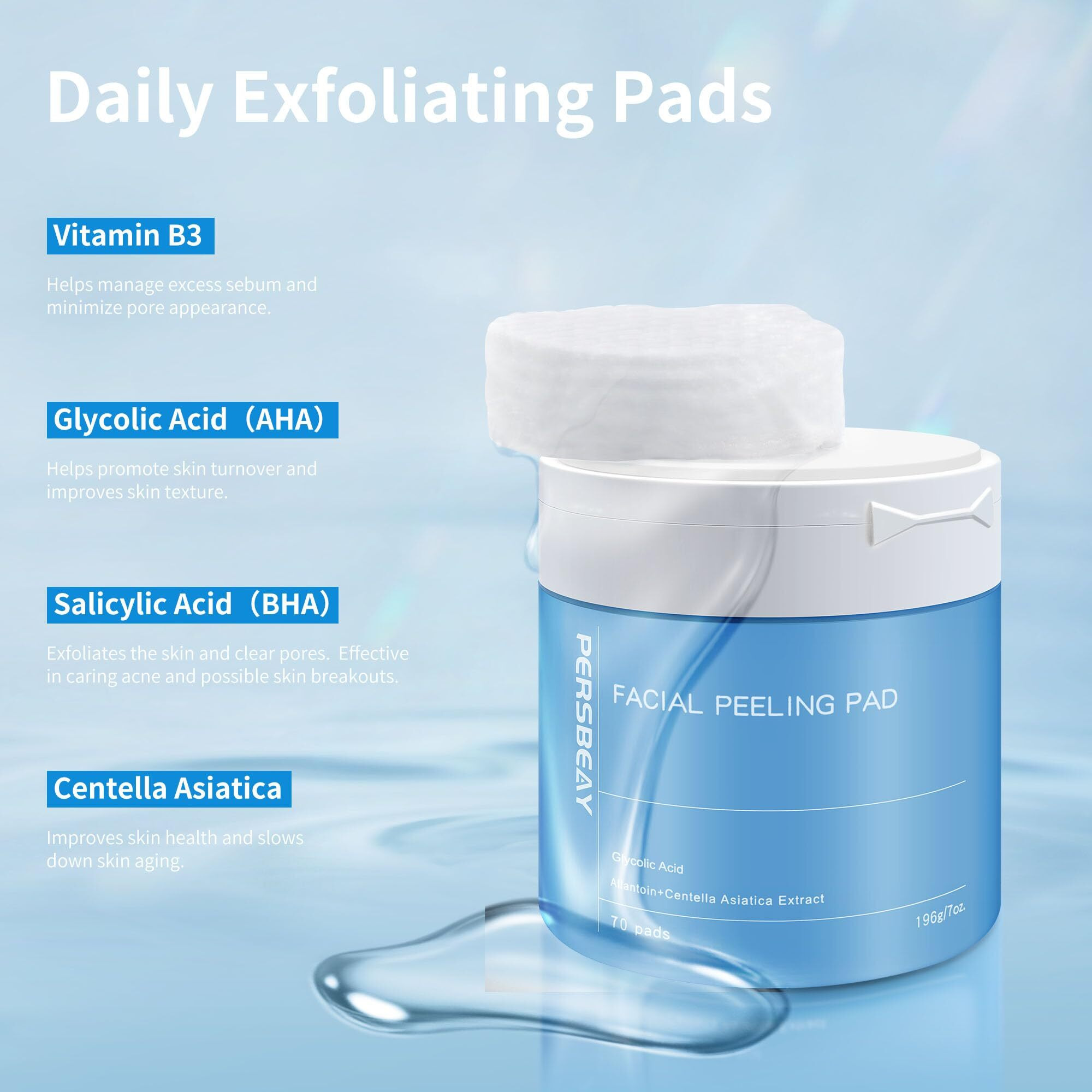 Persbeay Glycolic Acid Pads, Exfoliating Toner Pads For Facial Radiance, Dual Action Gentle Face Pad For Deep Cleaning Effect |Peels & Daily Skin Renewal |Salicylic Acid & Vitamins B3 |70 Count