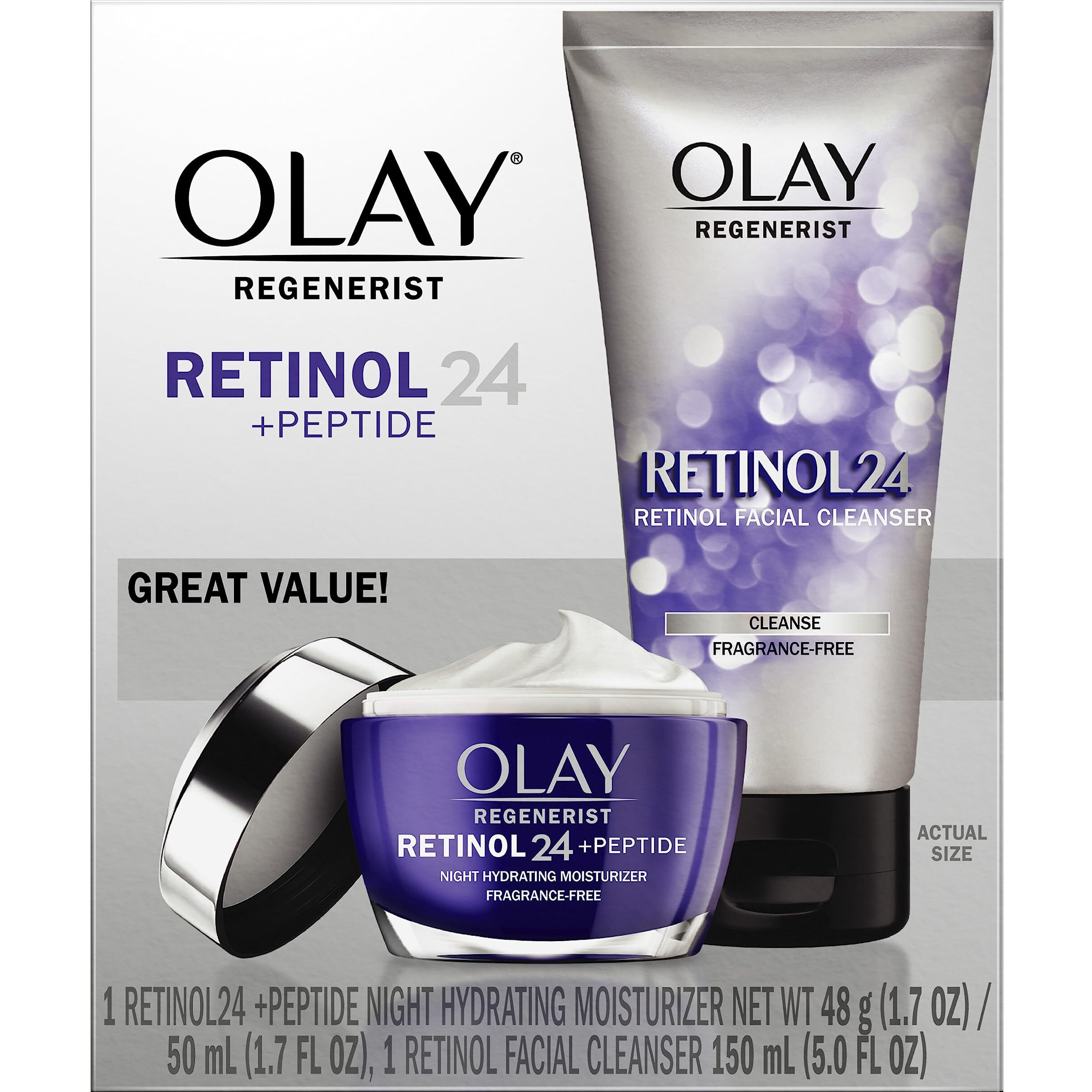Olay Retinol 24 Duo Pack, Renewing Exfoliating Cleanser, Fragrancefree 5.0 Fl Oz, Night Moisturizer, Fragrance-Free, 1.7 Oz, 4Ct Retinol Cleansing Melts