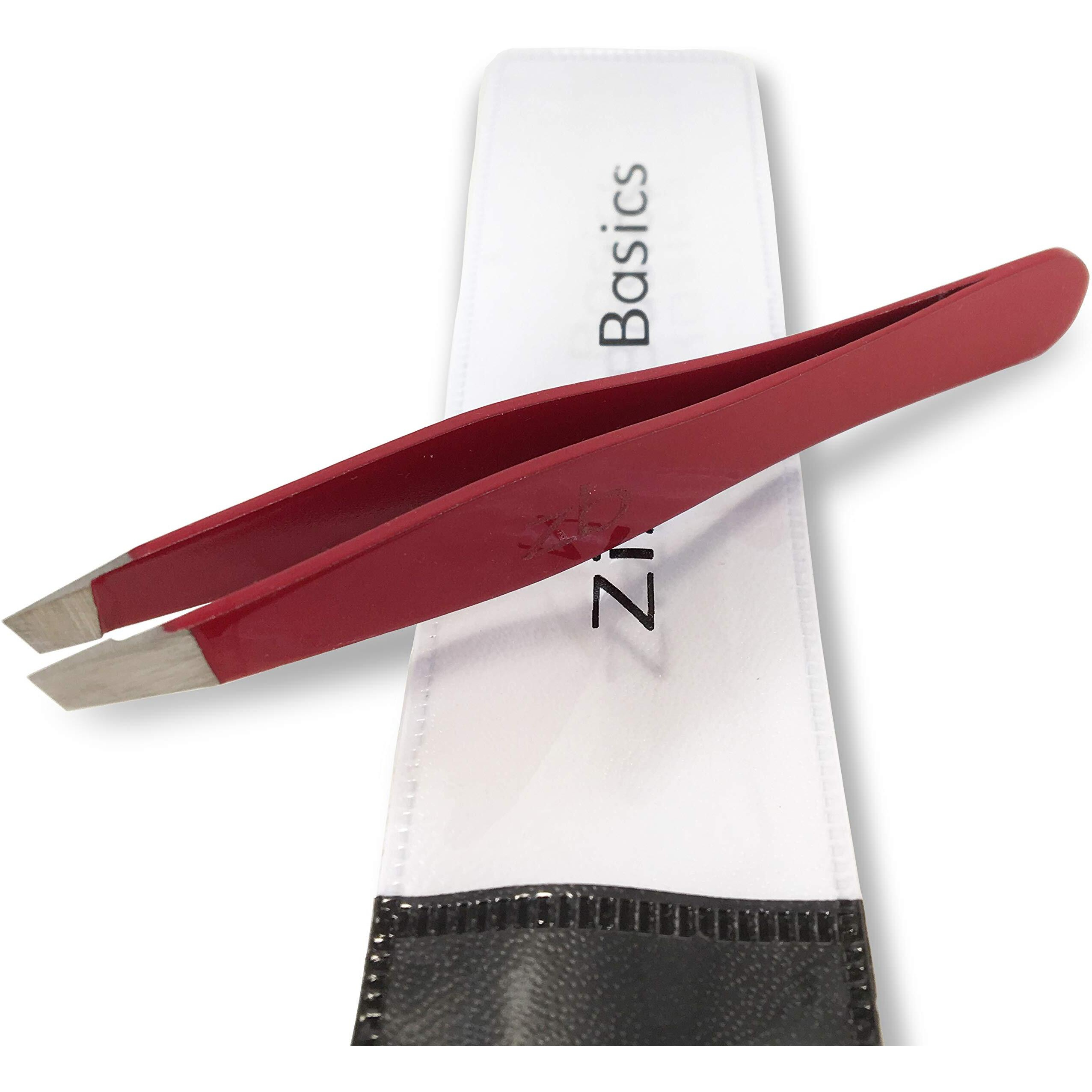 Tweezers - Surgical Grade Stainless Steel - Slant Tip For Expert Eyebrow Shaping And Facial Hair Removal - With Protective Pouch - Best Tweezer For Men And Women (Ruby Red)