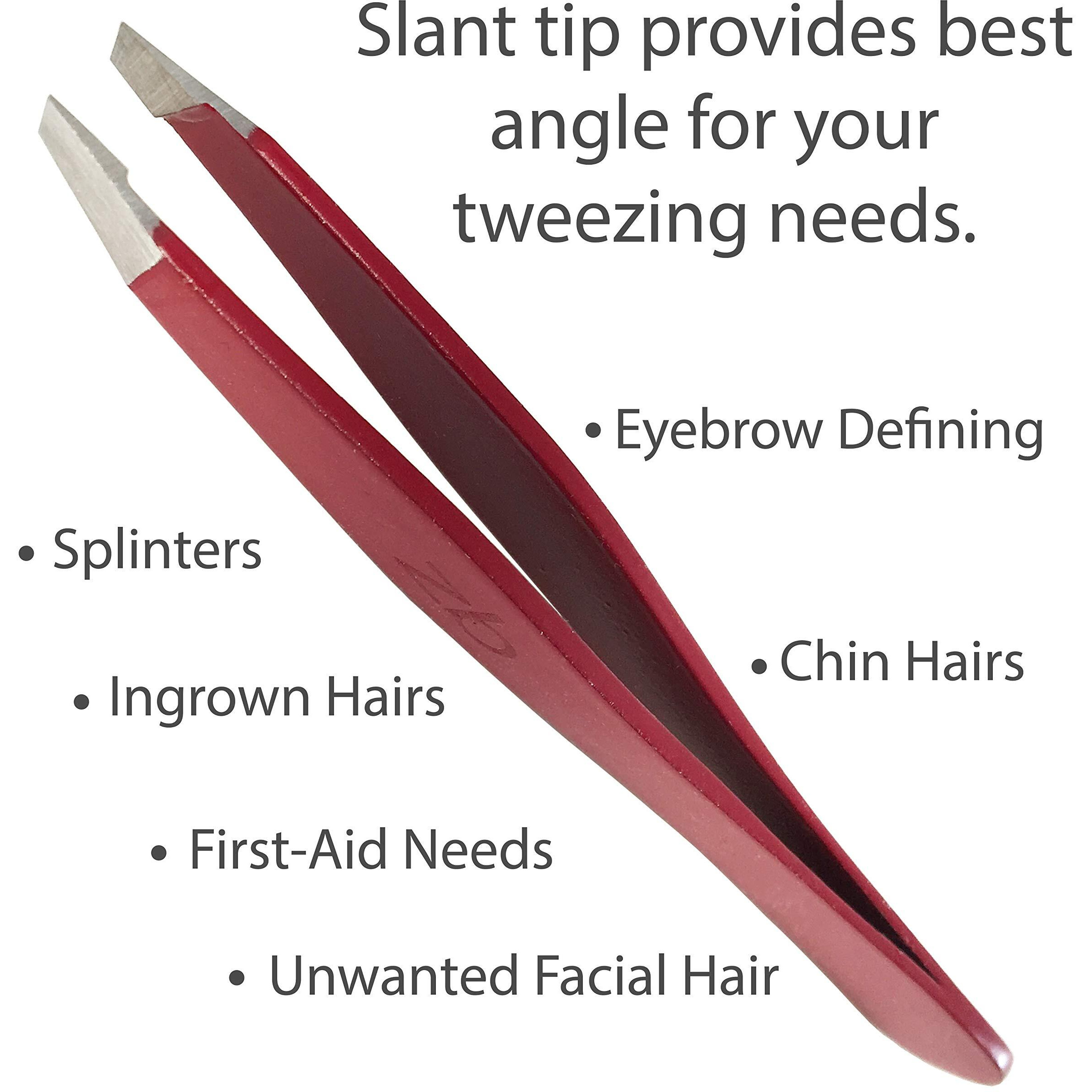 Tweezers - Surgical Grade Stainless Steel - Slant Tip For Expert Eyebrow Shaping And Facial Hair Removal - With Protective Pouch - Best Tweezer For Men And Women (Ruby Red)
