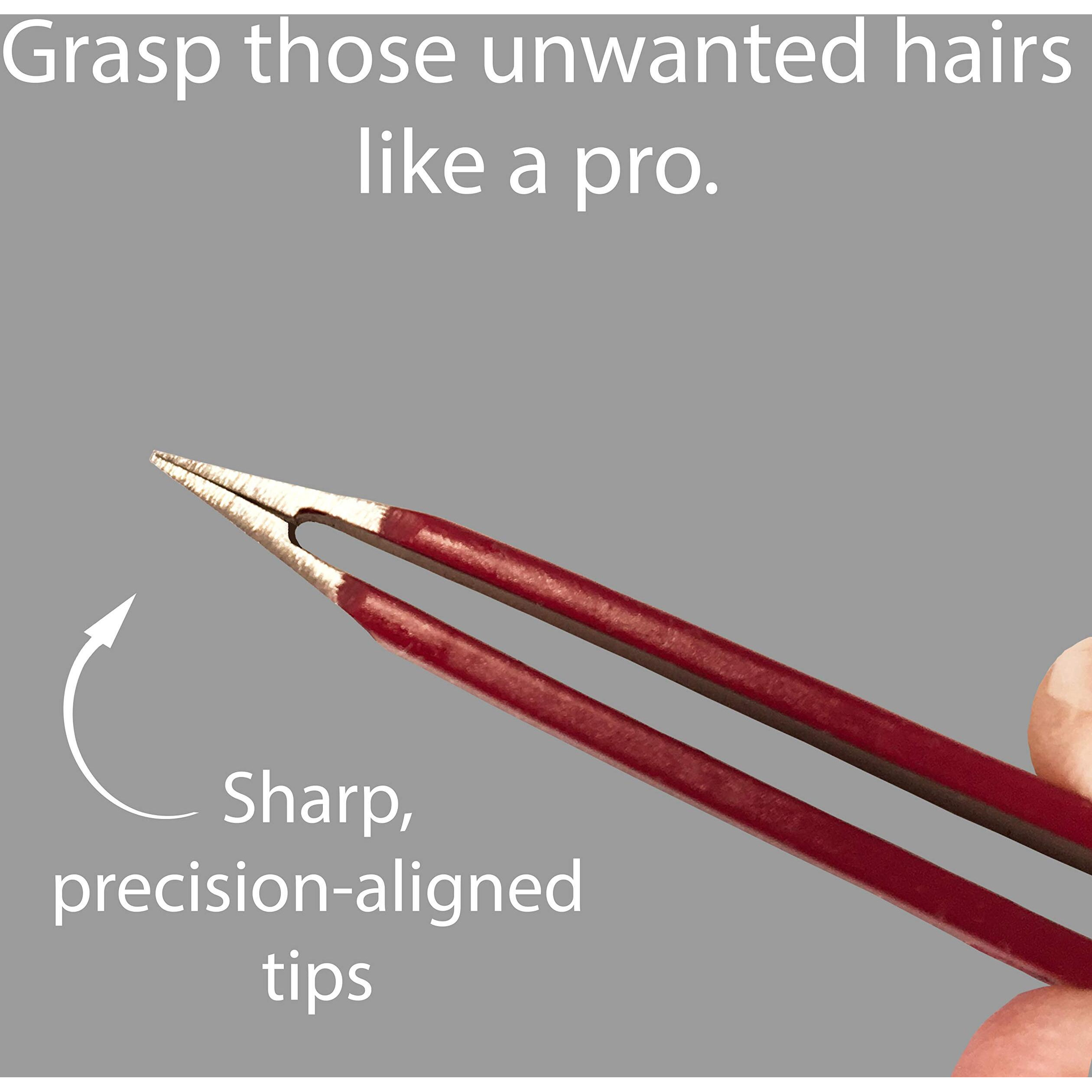 Tweezers - Surgical Grade Stainless Steel - Slant Tip For Expert Eyebrow Shaping And Facial Hair Removal - With Protective Pouch - Best Tweezer For Men And Women (Ruby Red)