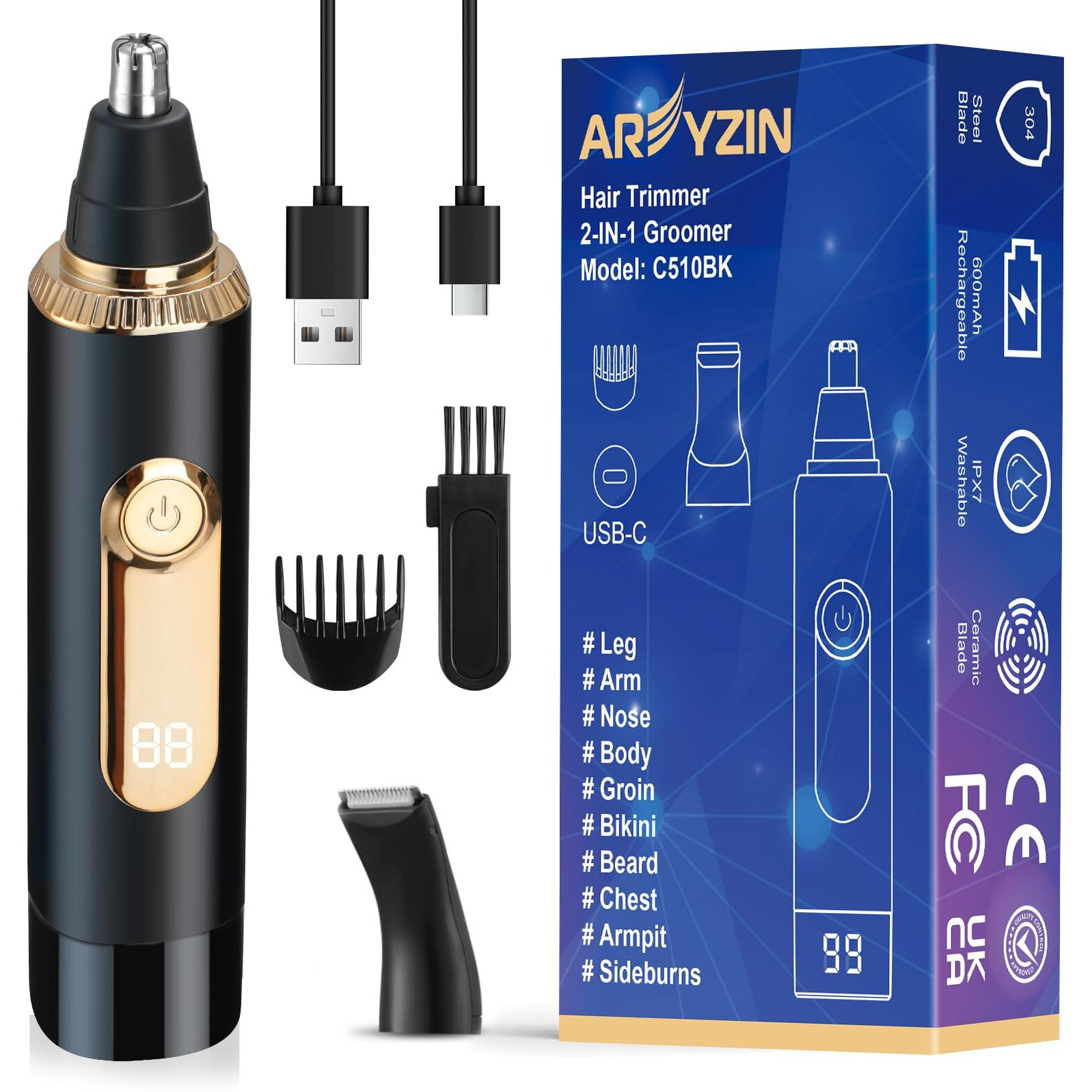 Ear And Nose Hair Trimmer For Men Women With Led Display, 2 In 1 Painless Usb Rechargeable Nose Trimmer Clipper Eyebrow & Facial Hair Remover, 13,000 Rpm,Dual Edge Blades,Waterproof,Black Gold