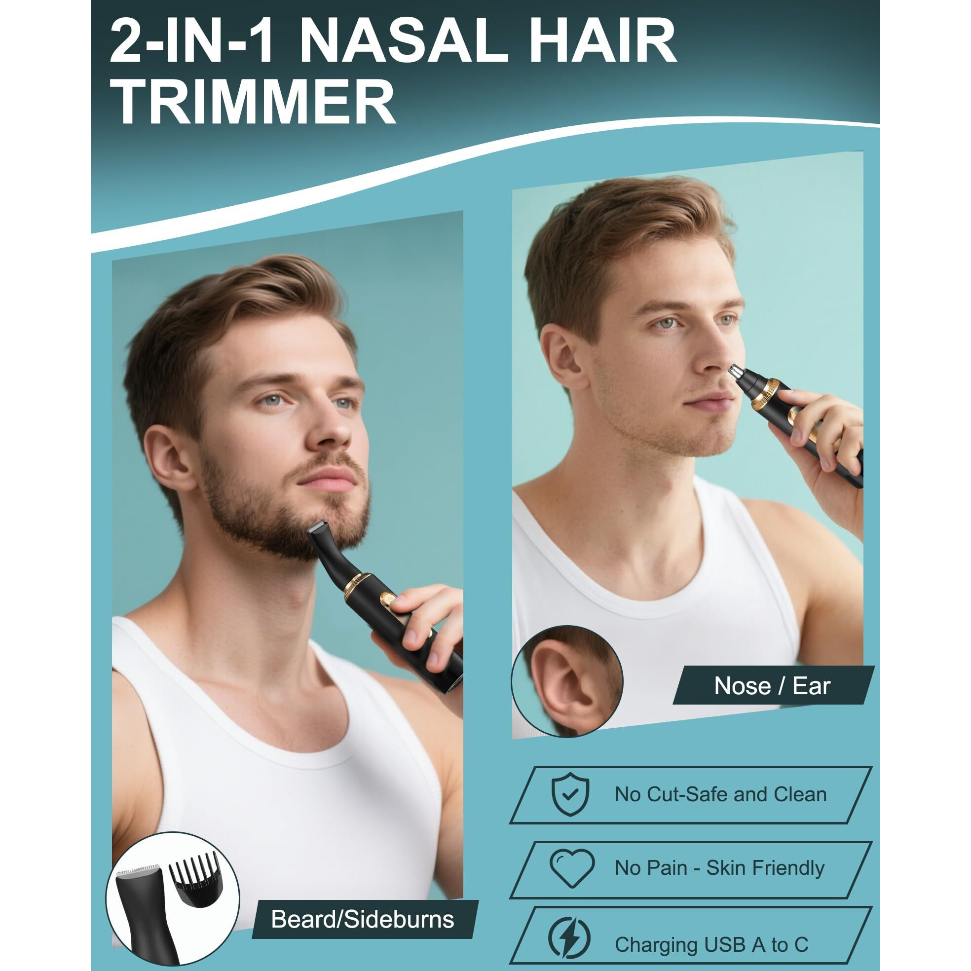 Ear And Nose Hair Trimmer For Men Women With Led Display, 2 In 1 Painless Usb Rechargeable Nose Trimmer Clipper Eyebrow & Facial Hair Remover, 13,000 Rpm,Dual Edge Blades,Waterproof,Black Gold