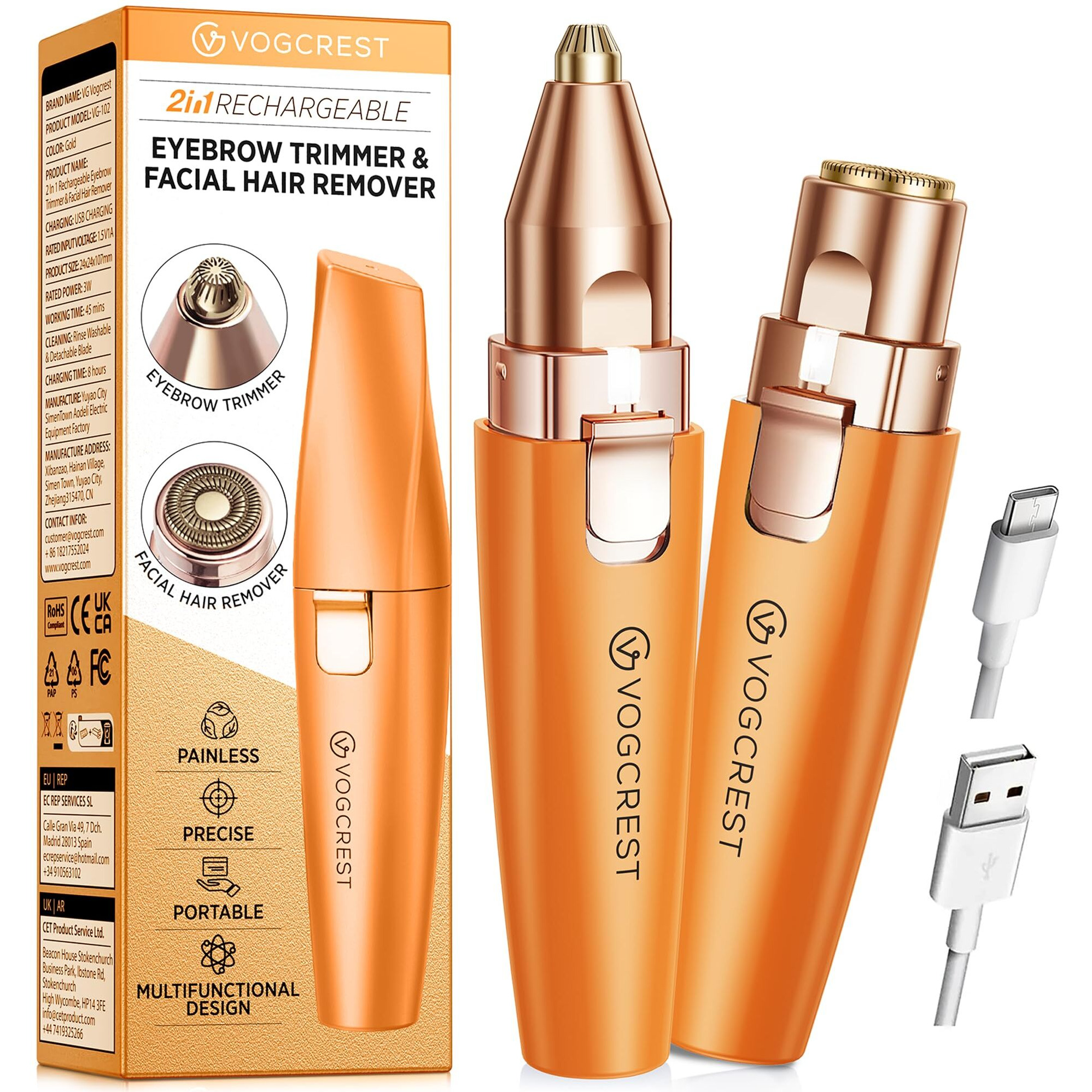 Vg Vogcrest Eyebrow Facial Trimmer 2 In1 Rechargeable Facial Hair Removal And Eyebrow Shaver - Face Lips Body Painless Facial Razor With Built-In Led Light (Orange)