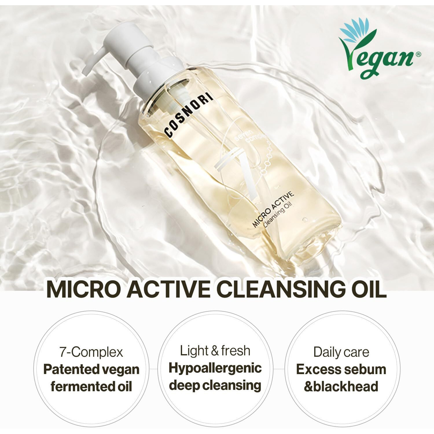 Cosnori Micro Active Cleansing Oil - Korean Vegan Facial Cleansing Oil, Fresh And Light Finish - Gentle Makeup Remover For Face, Hypoallergic, Fermented Oil Complexes, 6.7 Fl.Oz.