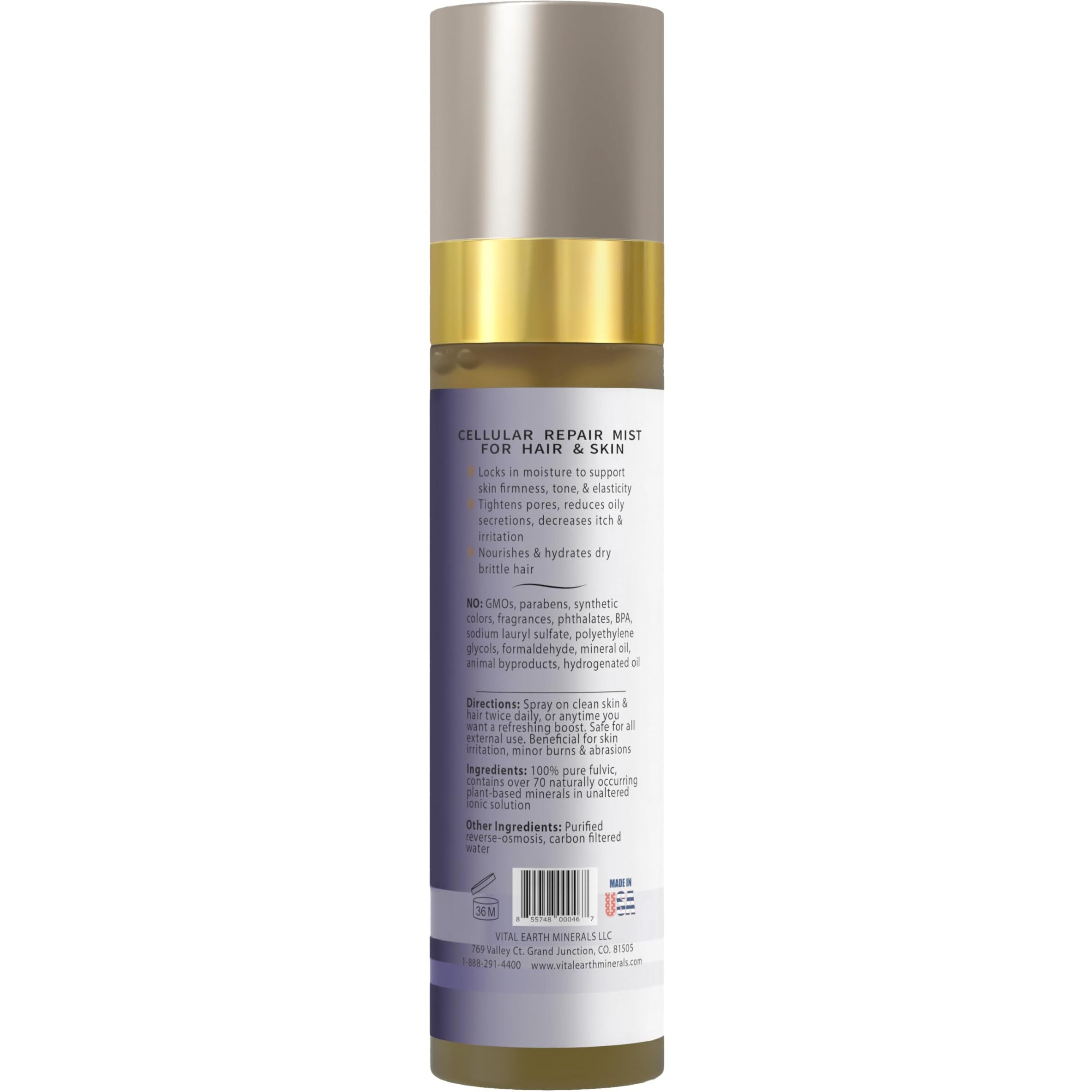 Vital Earth Fulvic Mineral Facial Mist, Travel-Friendly - Anti-Aging Face & Hair Spray For Cellular Renewal & Hydration, 3.4 Oz