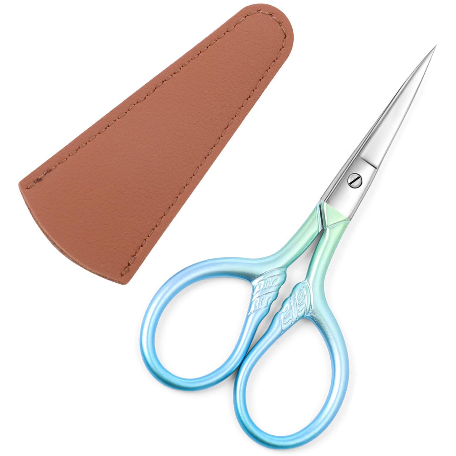 Small Facial Hair Scissors, Stainless Steel (Blue) Versatile Retro Beauty Kit For Men's And Women's Bathrooms, Nose Hair, Eyebrows, Eyelashes, Beard Trim, With Pu Sheath