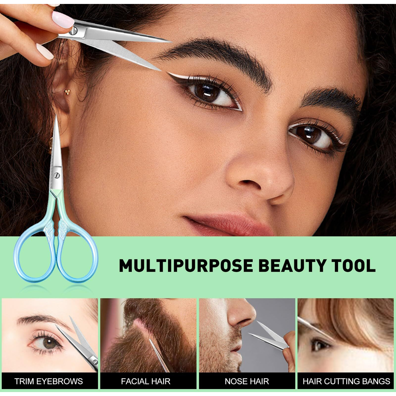 Small Facial Hair Scissors, Stainless Steel (Blue) Versatile Retro Beauty Kit For Men's And Women's Bathrooms, Nose Hair, Eyebrows, Eyelashes, Beard Trim, With Pu Sheath