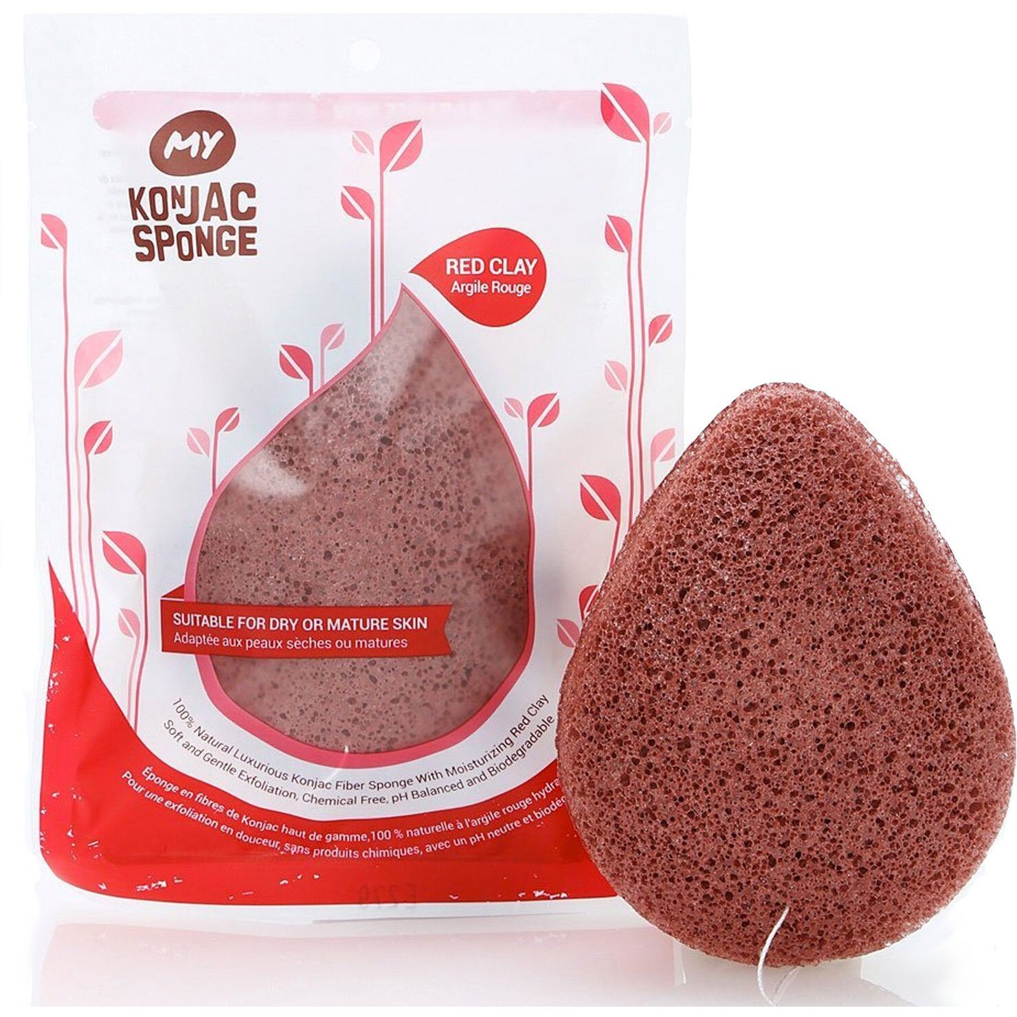 My Konjac Sponge All Natural Korean Fiber French Red Clay Facial Sponge. Excellent For Dry Or Mature Skin. Halal, Leaping Bunny Cruelty Free And The Vegan Society Certified
