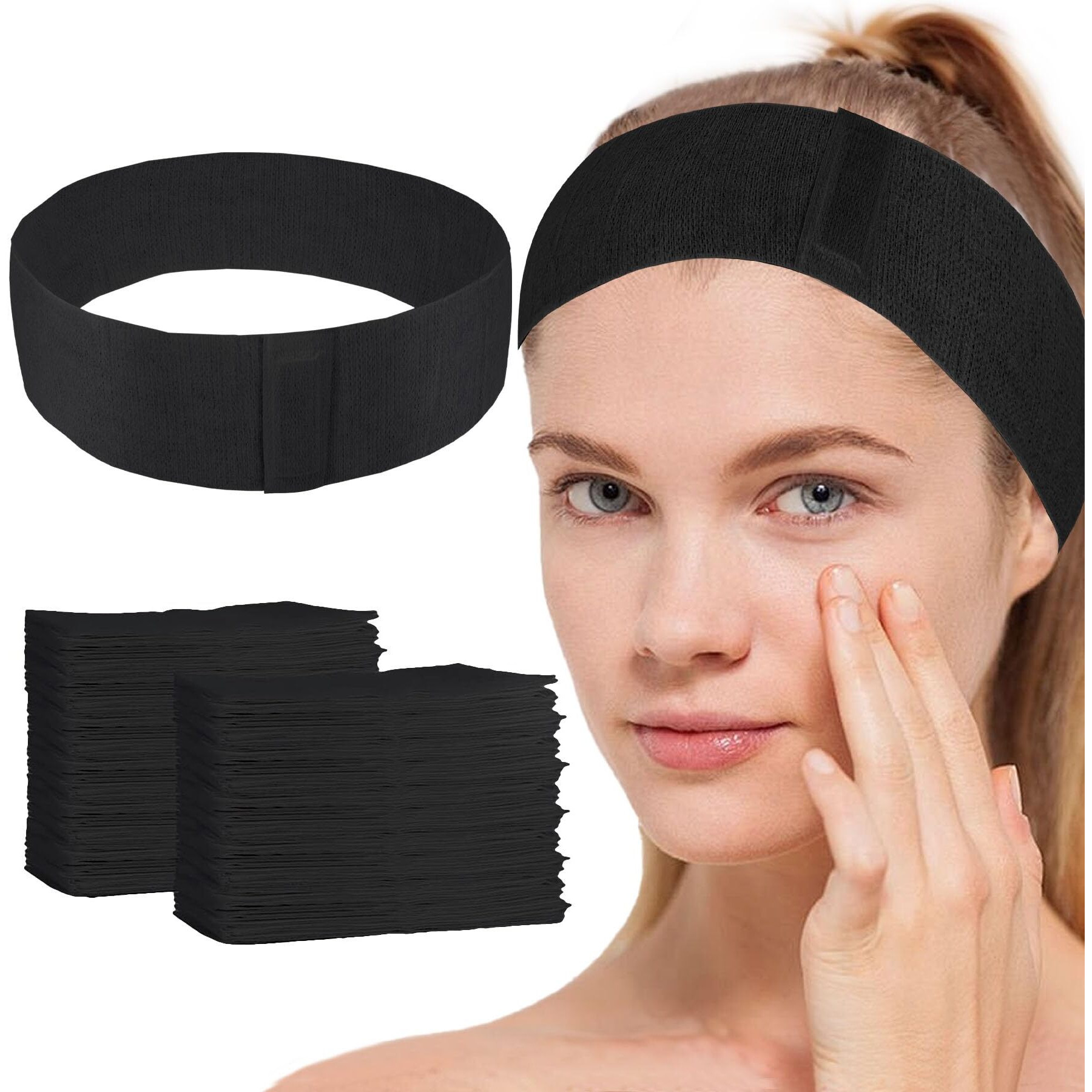 Breenhill 150 Count Disposable Spa Facial Headbands With Convenient Closure,Black Stretch Facial Headwraps Soft For Facials Skincare Spa