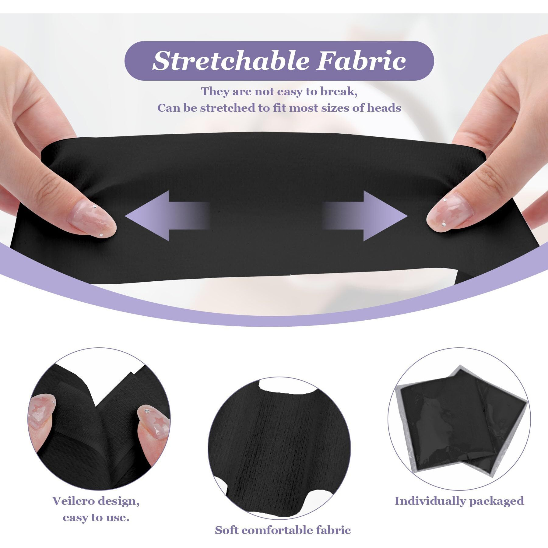 Breenhill 150 Count Disposable Spa Facial Headbands With Convenient Closure,Black Stretch Facial Headwraps Soft For Facials Skincare Spa