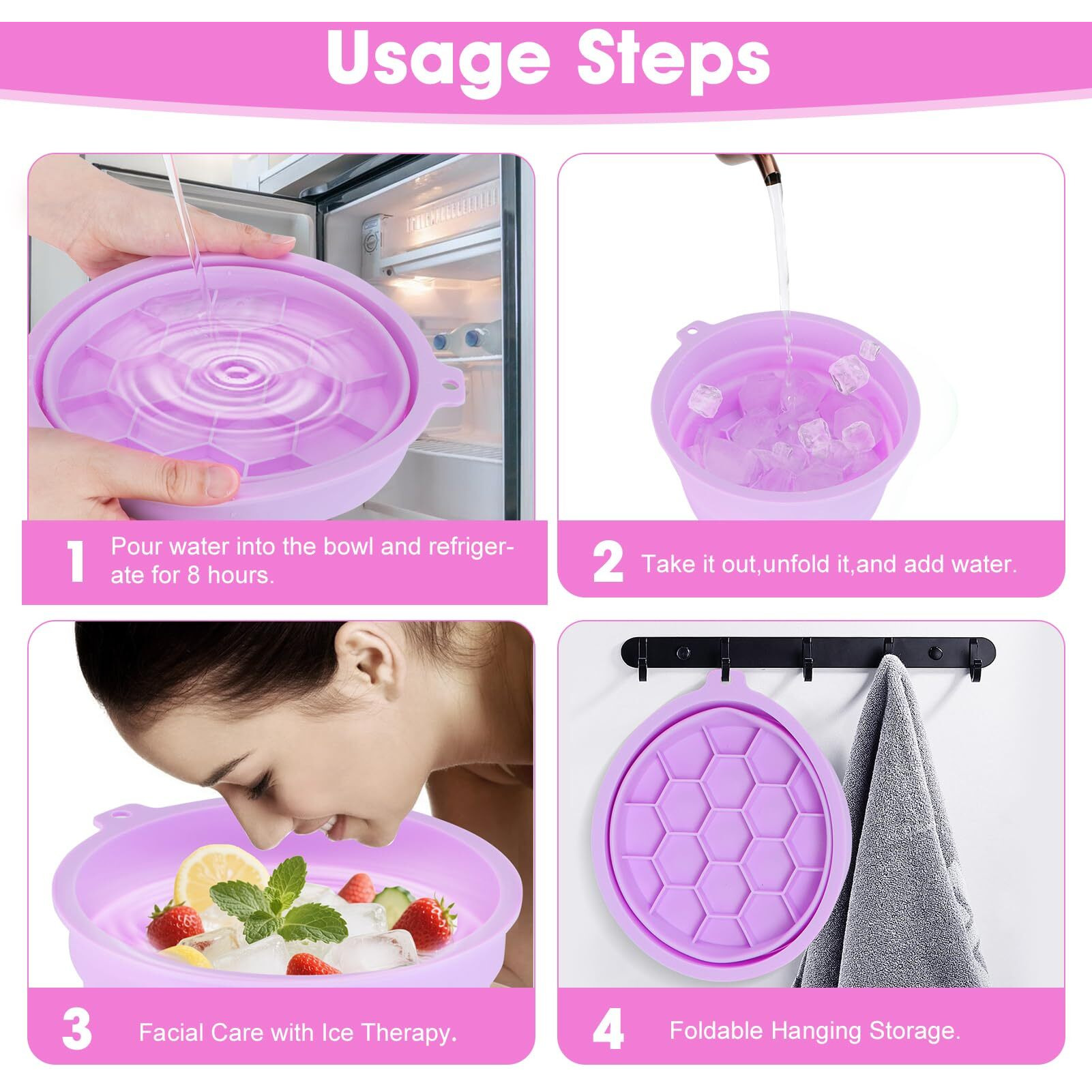 Face Bowl For Ice Silicone Facial Bowls With Built - In Tray Foldable Washbasin For Face Tub Plunge & Cold Plunge Quick Skin Cooling In Ice Baths -Bath Spa Tool For Home Camping Travel & Purple