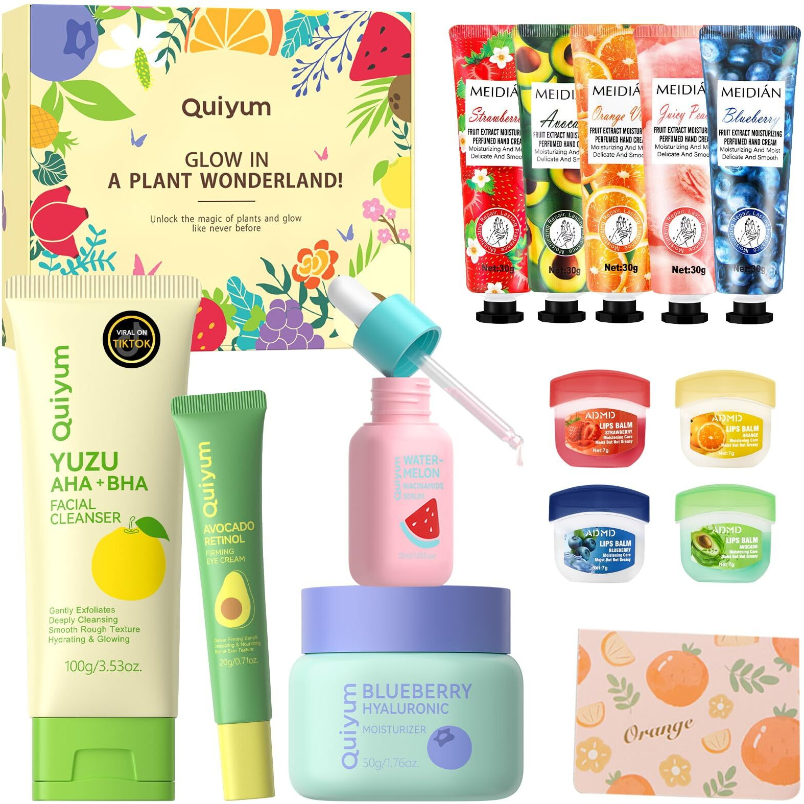 Quiyum Fruit Skincare, Skin Care Gift Sets, Skin Care For Teens 10-12, With Lip Balm *4, Facial Cleanser, Serum, Eye & Face Cream, Hands Cream *5 , Nourishing, Hydration, Glow Up, Trendy Stuff