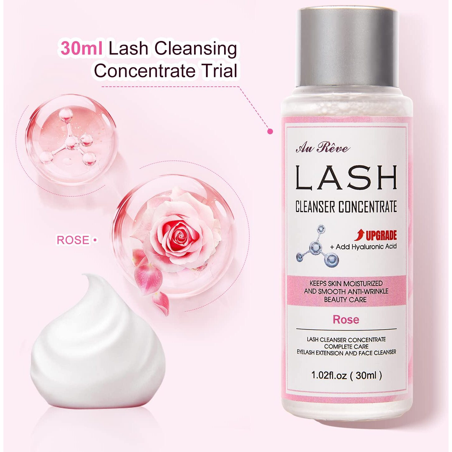 Aureve Lash Shampoo Concentrate 30Ml Lash Cleanser Concentrate Add Hyaluronic Acid Perfect For Salon-Get, Can Make 180Ml Eyelash Cleaning Shampoo,Rose
