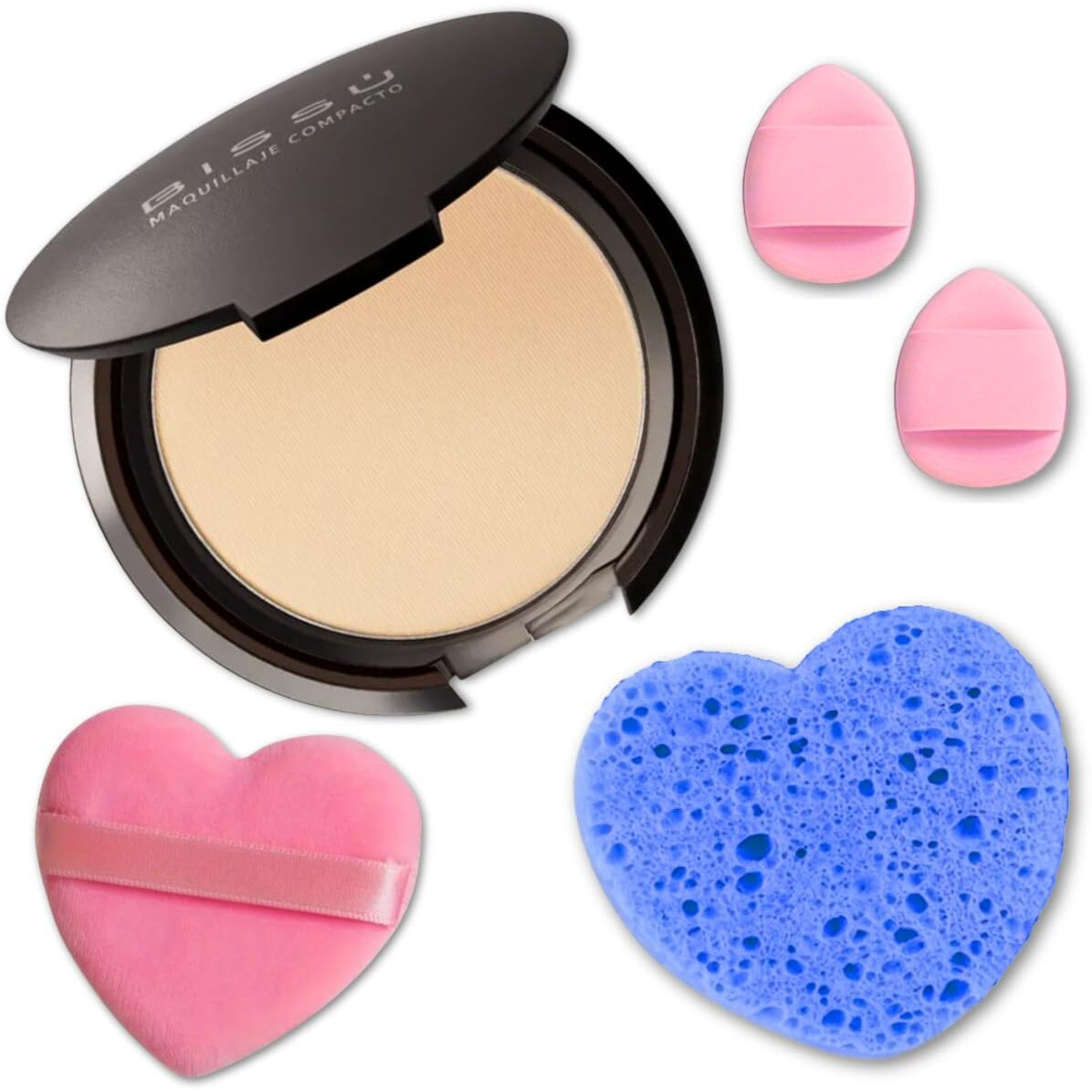 Beetbul Makeup & Exfoliation Kit - Biss   Compact Powder + 1 Medium Velvet Puff + 2 Finger Puffs + 1 Facial Exfoliating Sponge (05 Pebble, One Size)