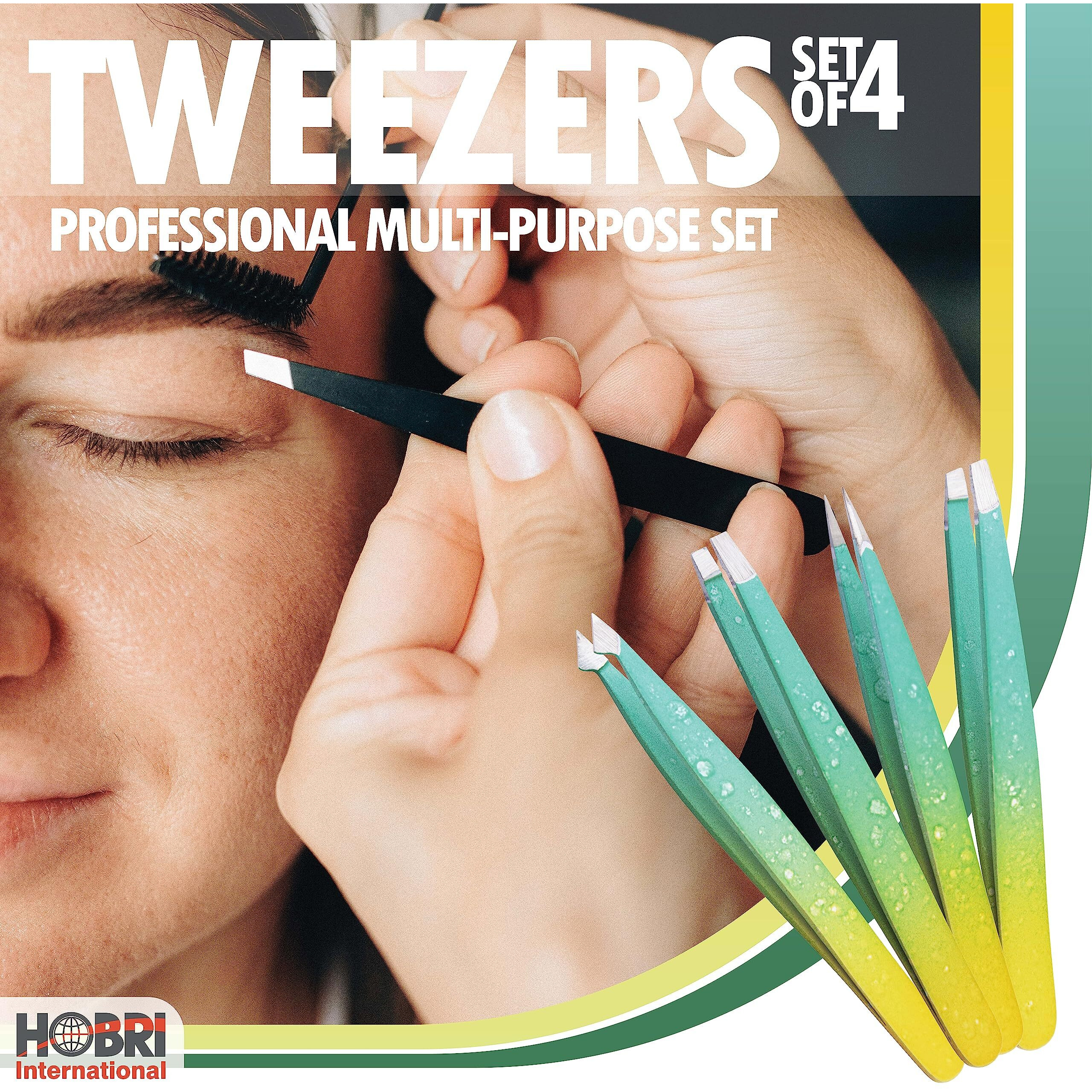 Tweezers Set, Eyebrows Tweezers Set Professional Stainless Steel Tweezers Set - 4 Pieces With Leatherette Travel Case Perfect For Facial Hair, Beauty And Personal Care Tool (Green/Yellow)