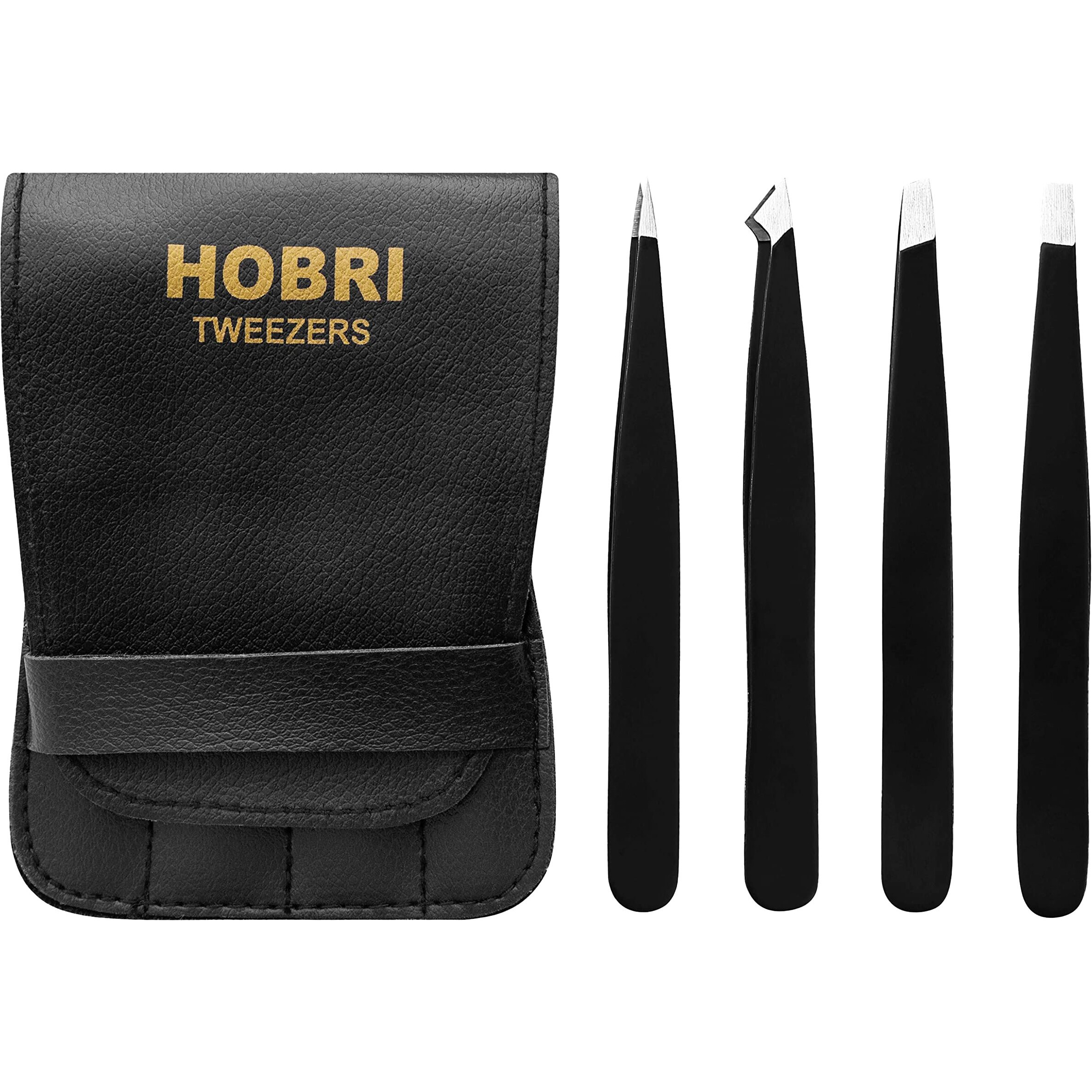 Tweezers Set, Eyebrows Tweezers Set Professional Stainless Steel Tweezers Set - 4 Pieces With Leatherette Travel Case Perfect For Facial Hair, Beauty And Personal Care Tool (Matt Black)