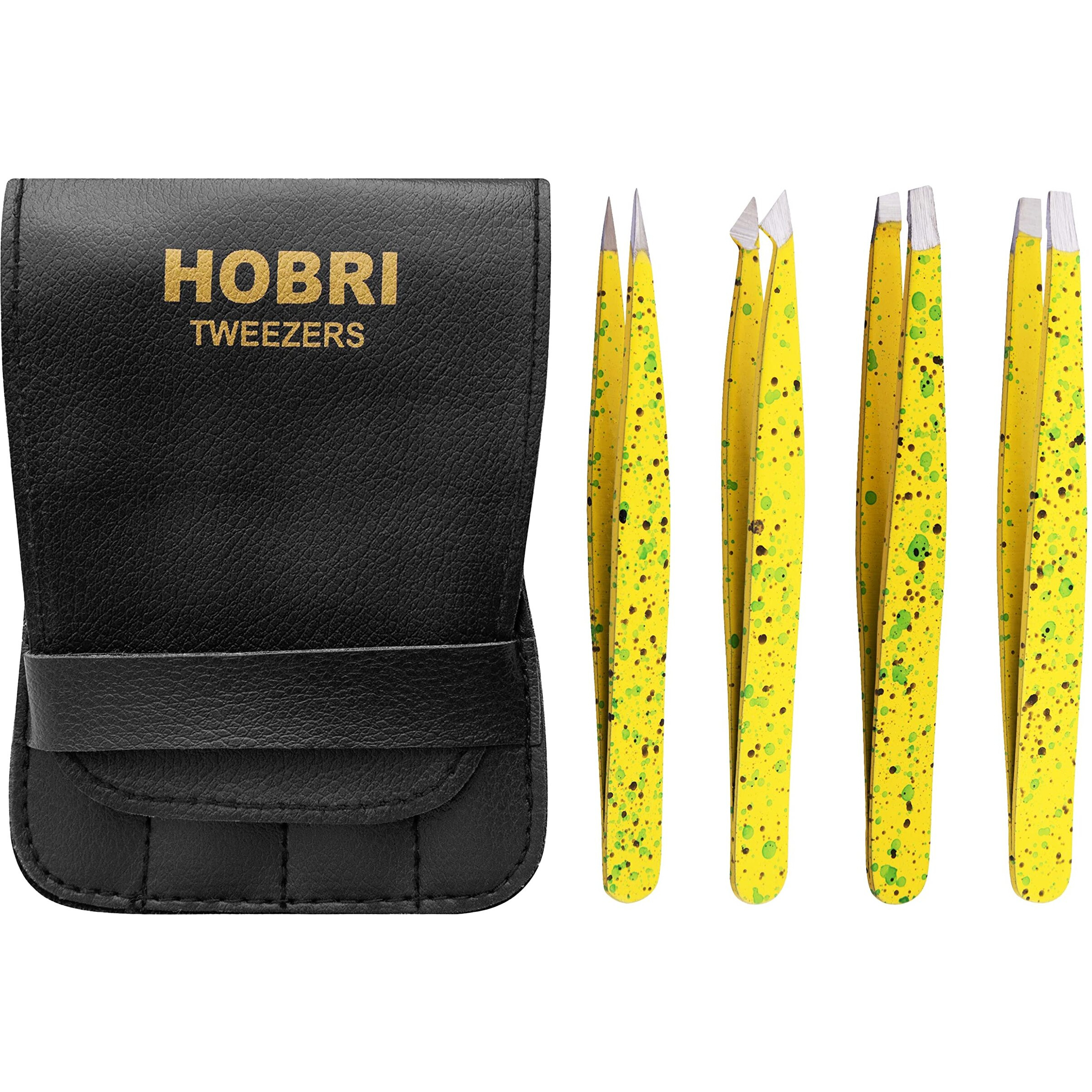 Tweezers Set, Eyebrows Tweezers Set Professional Stainless Steel Tweezers Set - 4 Pieces With Leatherette Travel Case Perfect For Facial Hair, Beauty And Personal Care Tool (Yellow Texture)