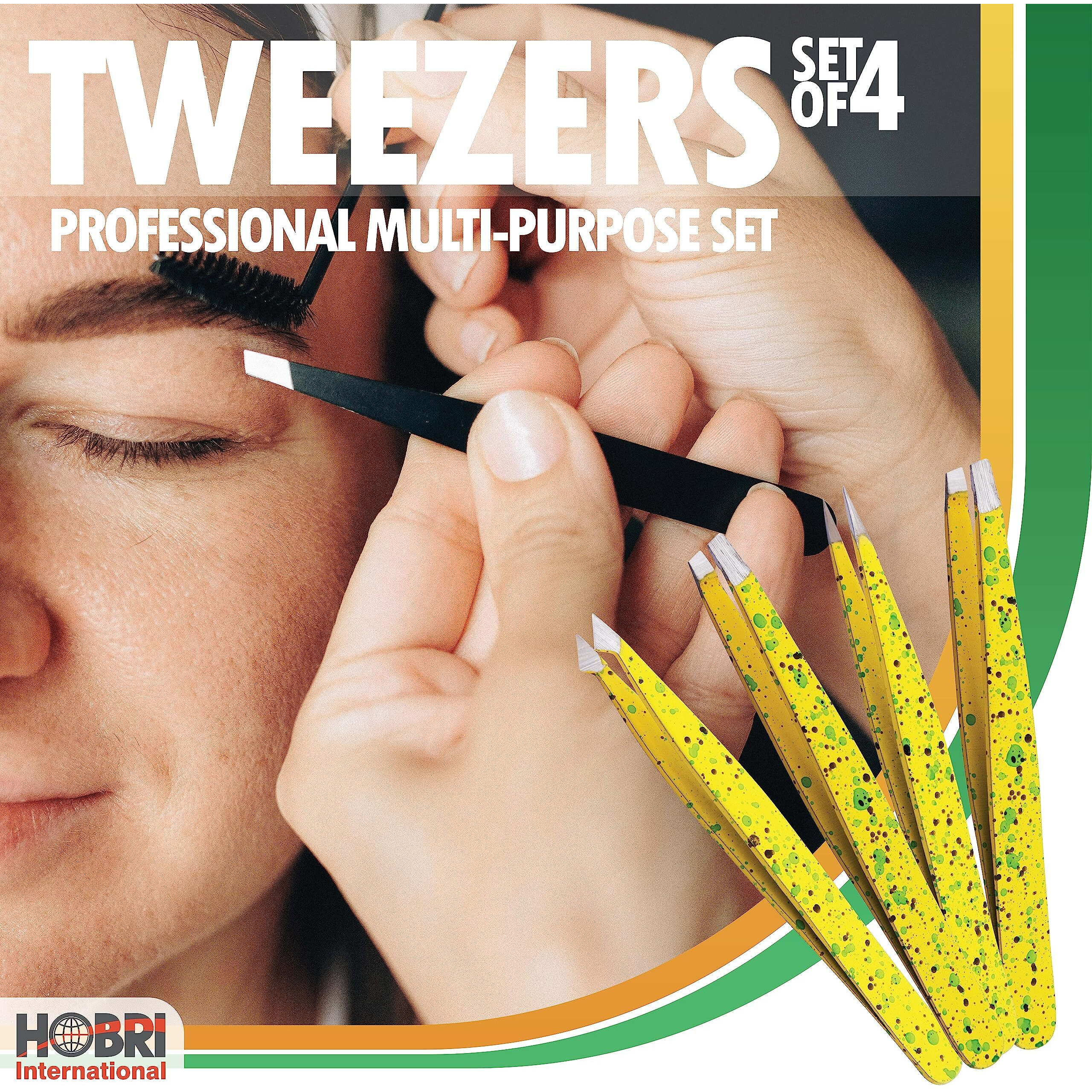 Tweezers Set, Eyebrows Tweezers Set Professional Stainless Steel Tweezers Set - 4 Pieces With Leatherette Travel Case Perfect For Facial Hair, Beauty And Personal Care Tool (Yellow Texture)