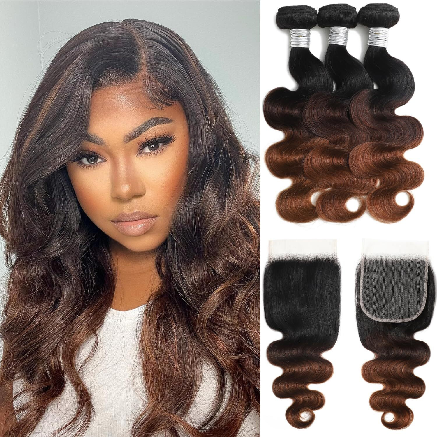 Anmetan 1B/2/30 Ombre 3 Bundles With 5X5 Closure Body Wave Human Hair 16/18/20+16 In, 12A Chestnut Brown 5X5 Hd Lace Closure Free Part Closure And Bundles Soft Glossy 3 Tone Weave Wavy With Dark Roots