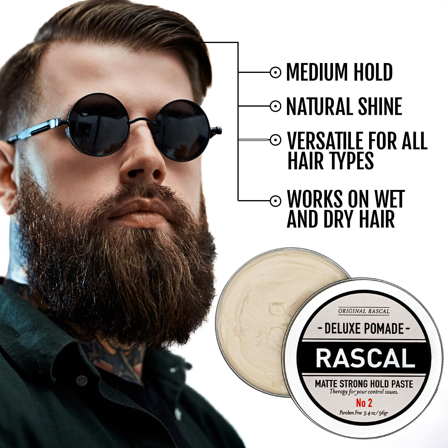 Original Rascal Deluxe Pomade For Men 2 - Matte Hair Paste With Strong Hold & Light Shine - Men's Styling Solutions Products For All Hair Types - Natural Infused With Beeswax & Lanolin Wax