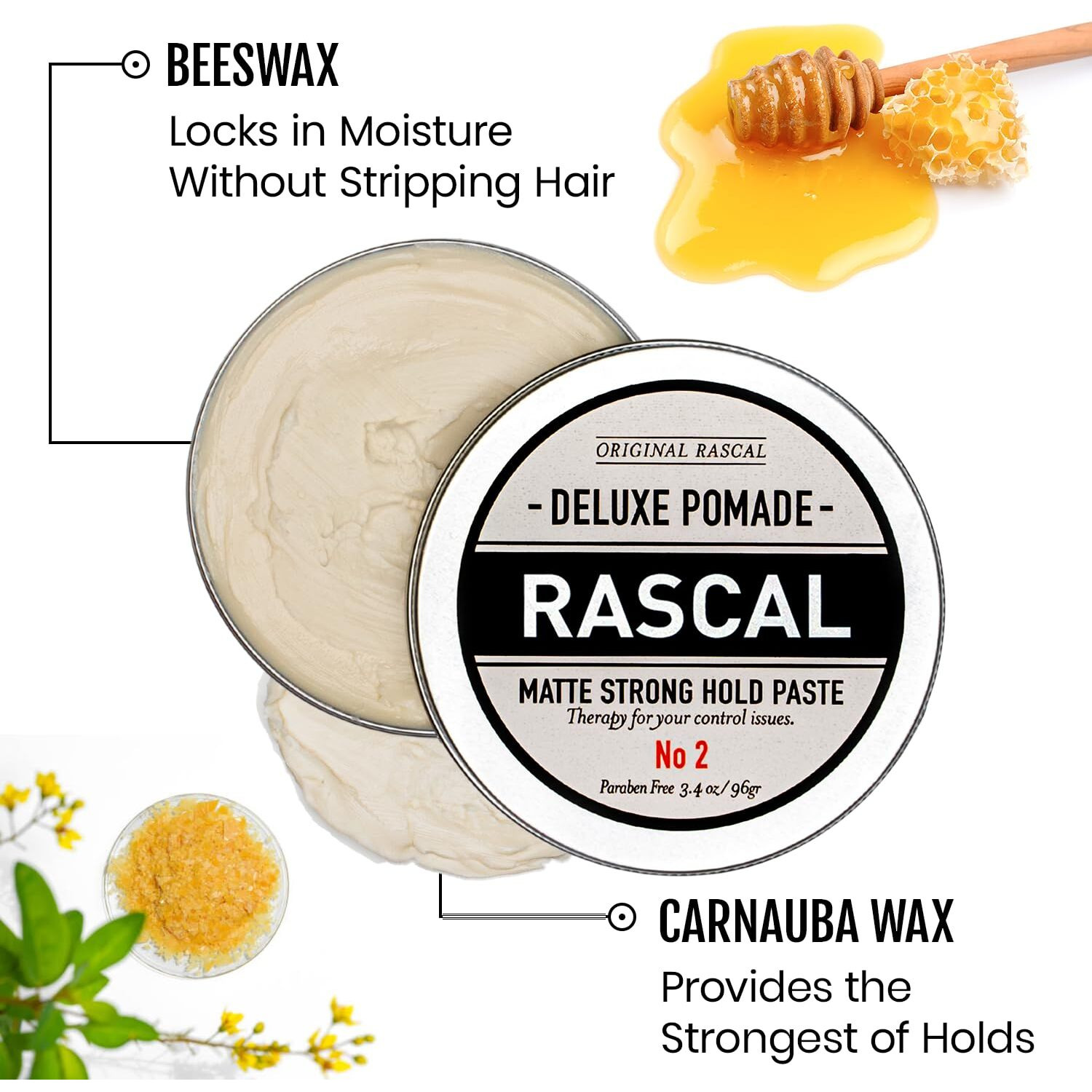 Original Rascal Deluxe Pomade For Men 2 - Matte Hair Paste With Strong Hold & Light Shine - Men's Styling Solutions Products For All Hair Types - Natural Infused With Beeswax & Lanolin Wax