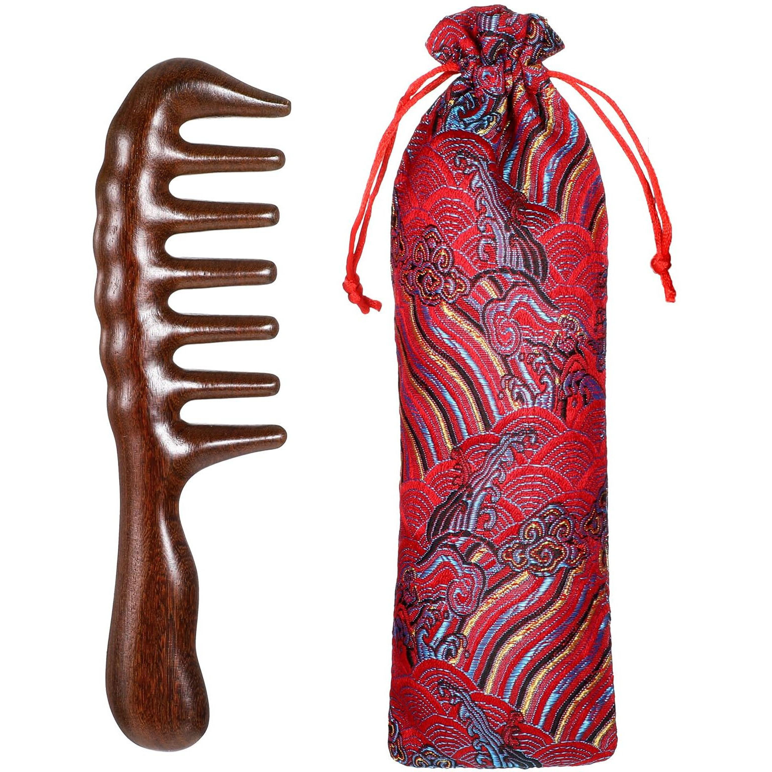 Thicken Wooden Wide Tooth Comb For Curls, Sandalwood Comb Anti-Static Large Natural Sandalwood Wooden Comb With Storage Bag Curly Hair Comb Beard Comb Massage Comb Wooden Hair Comb For Women Men