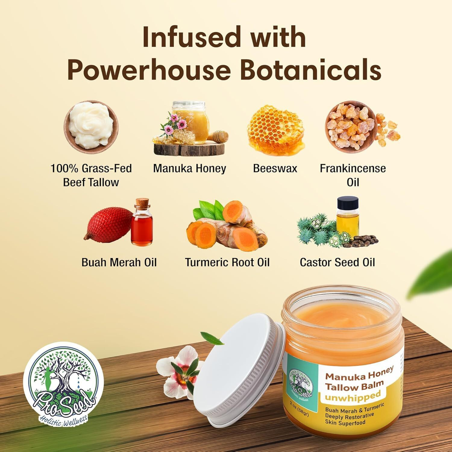 Manuka Honey Unwhipped Tallow Balm - Handmade Grass-Fed Beef Tallow With Frankincense, Vitamin E, Castor Oil, Buah Merah & Turmeric - Hydrates & Nourishes Skin For Men, Women & Kids - 2Oz Glass Jar