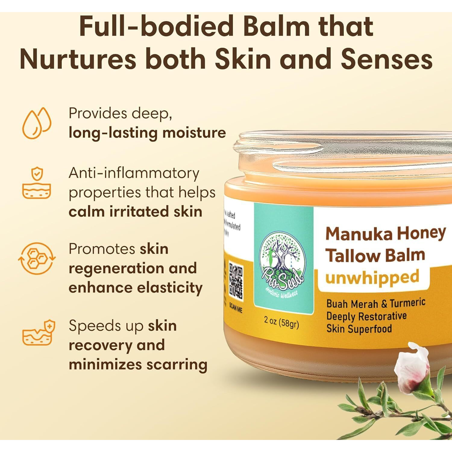 Manuka Honey Unwhipped Tallow Balm - Handmade Grass-Fed Beef Tallow With Frankincense, Vitamin E, Castor Oil, Buah Merah & Turmeric - Hydrates & Nourishes Skin For Men, Women & Kids - 2Oz Glass Jar