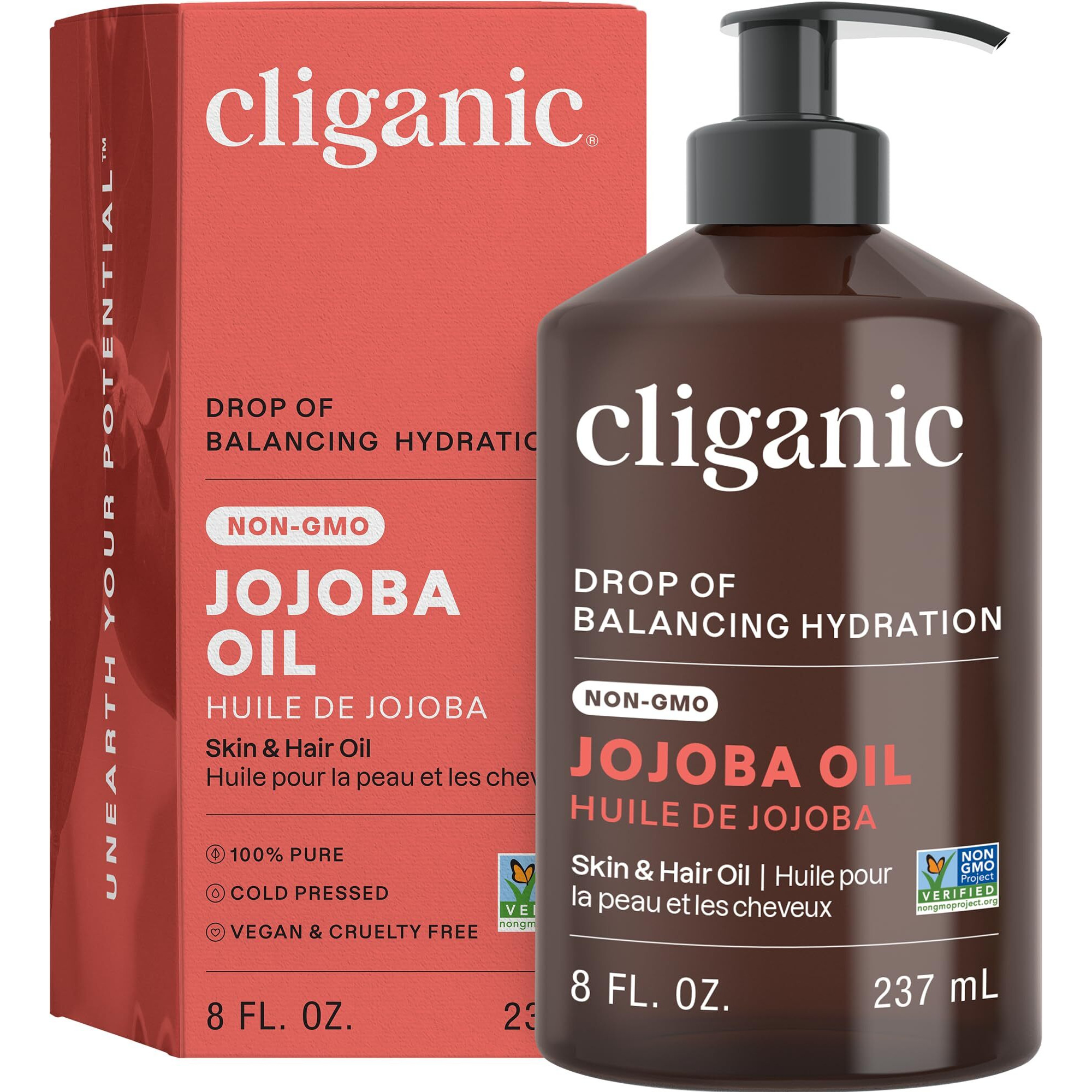 Cliganic Non-Gmo Jojoba Oil For Skin, Hair & Face (8Oz) | 100% Pure, Natural Cold Pressed Unrefined Hexane Free (Packaging May Vary)